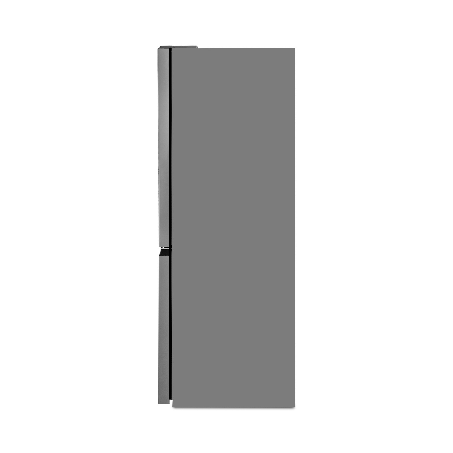 Grauer Kühlschrank von der Seite, mit zwei Türen.
