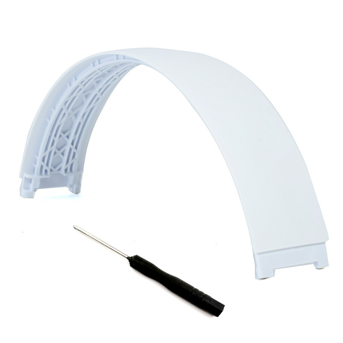 Un archetto bianco per cuffie e un piccolo cacciavite.