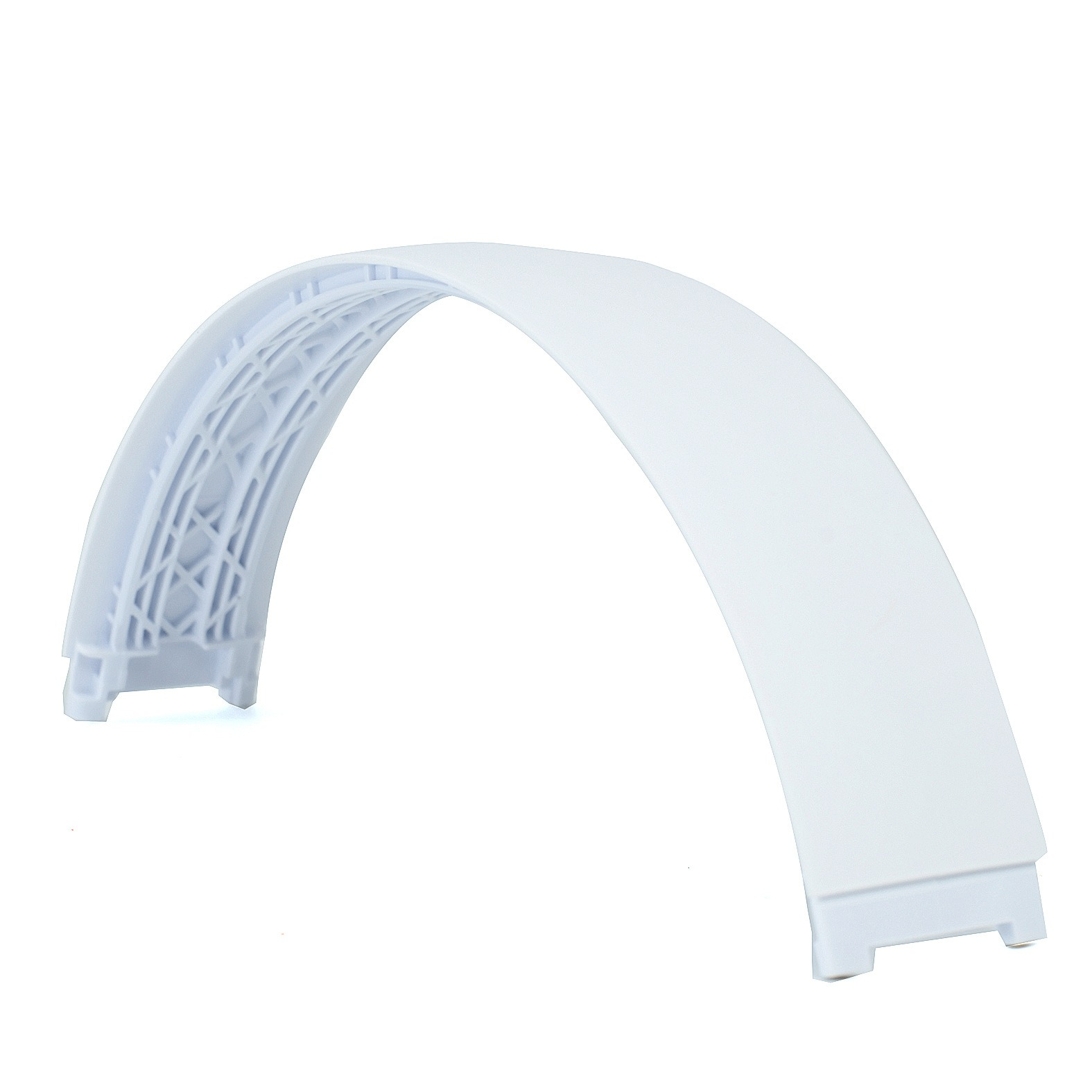 Un archetto bianco curvo per cuffie con motivo a griglia visibile all'interno.