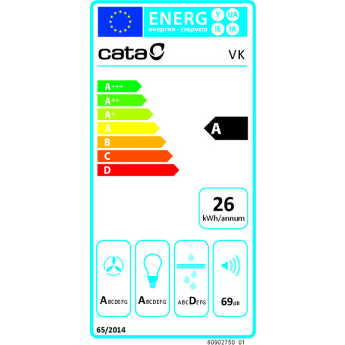 Etiqueta energética Cata con clase A, 26 kWh/año y 69 dB.