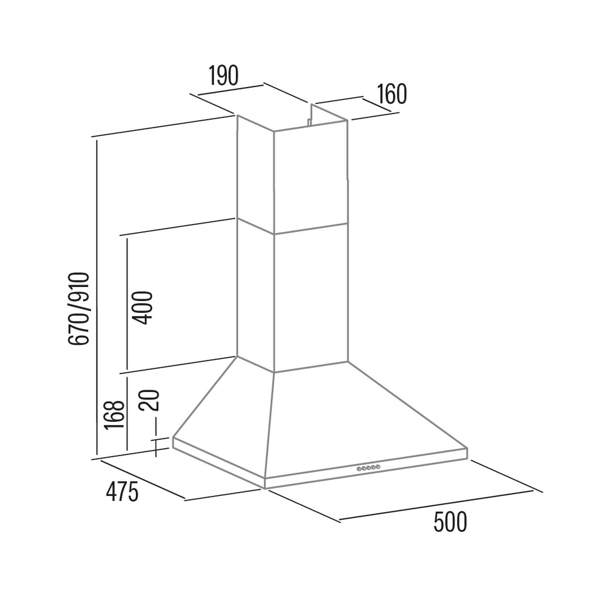 Dibujo técnico de una campana extractora con dimensiones.