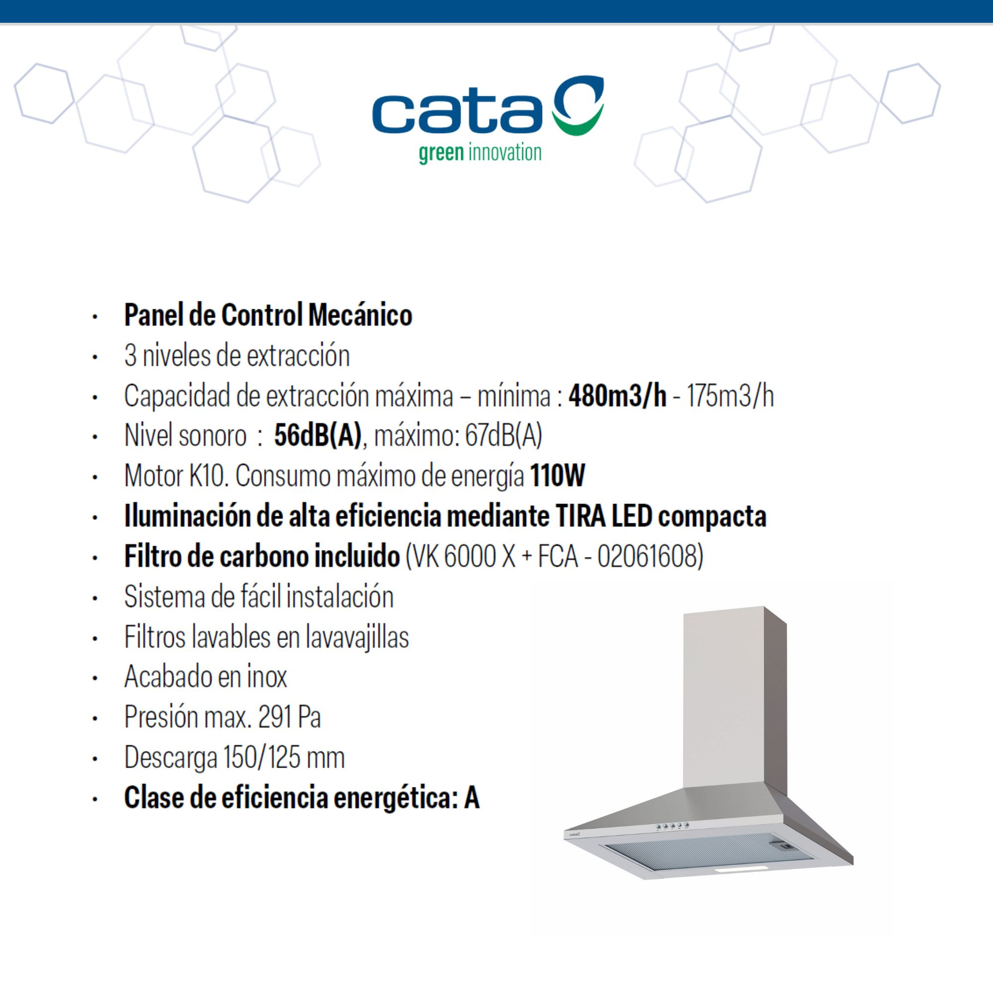 Campana extractora de acero inoxidable con control mecánico, 3 velocidades, 480m3/h, 56dB.