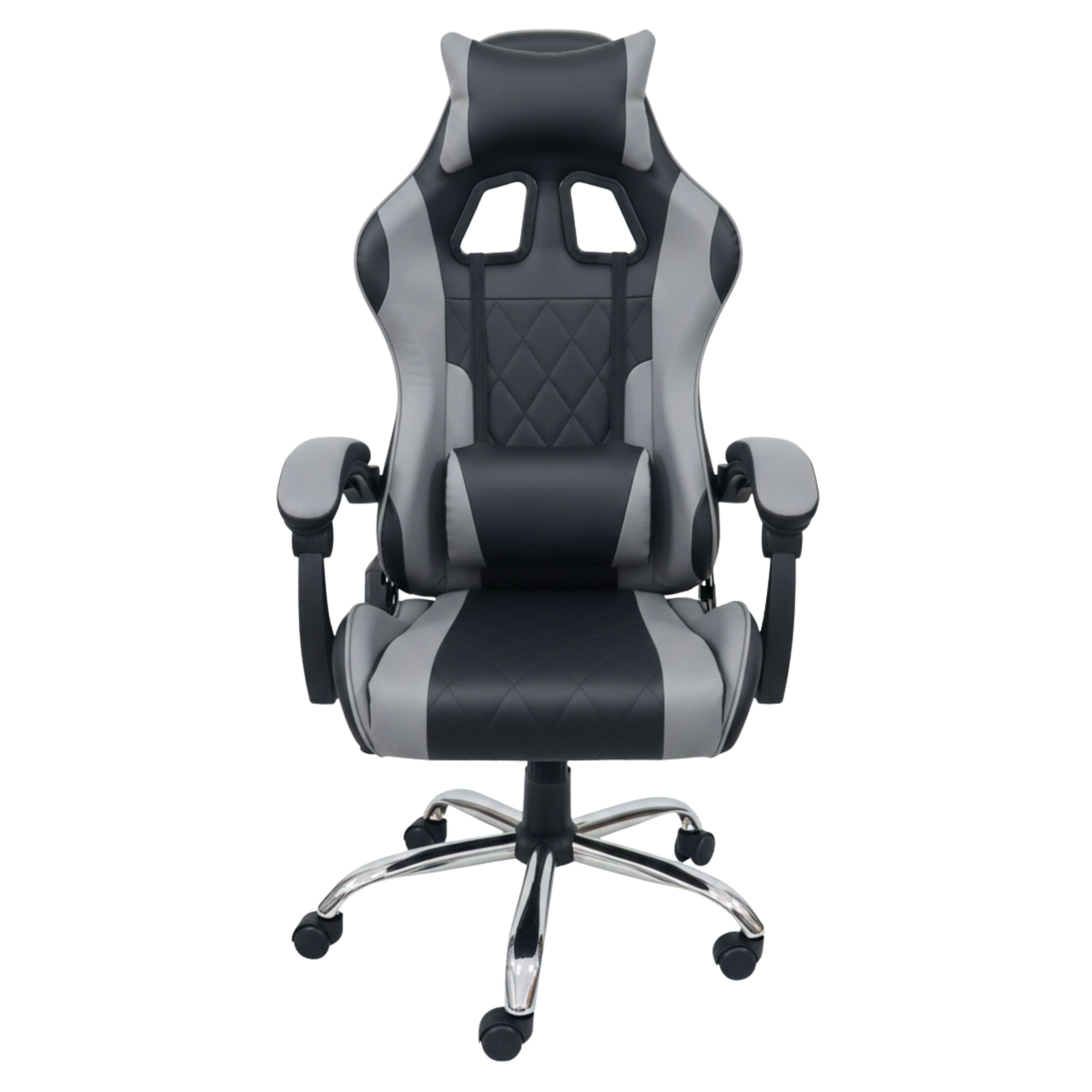 Una silla de juego negra y gris con reposacabezas y cojín lumbar.
