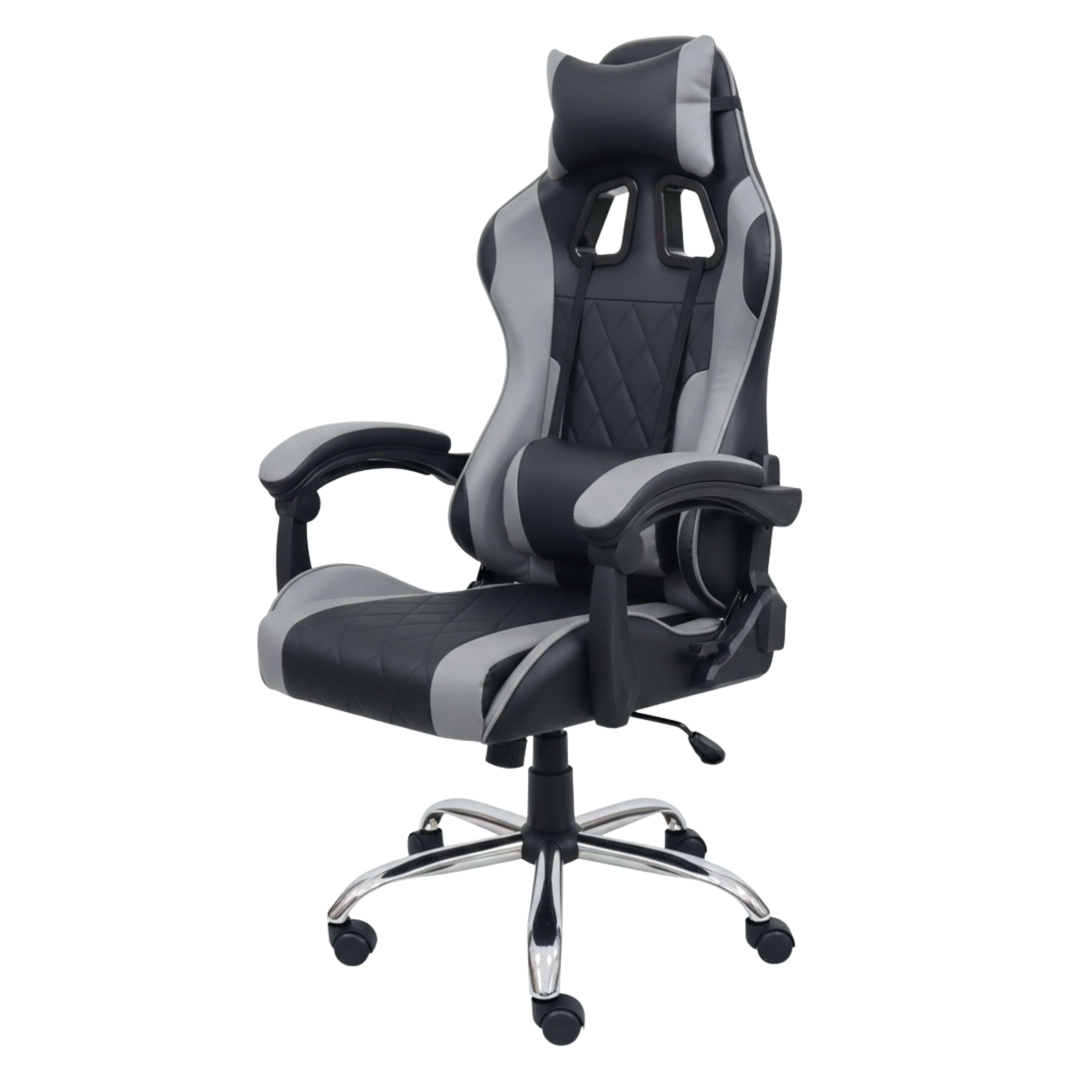 Una silla gamer negra y gris con reposacabezas y cojín lumbar.