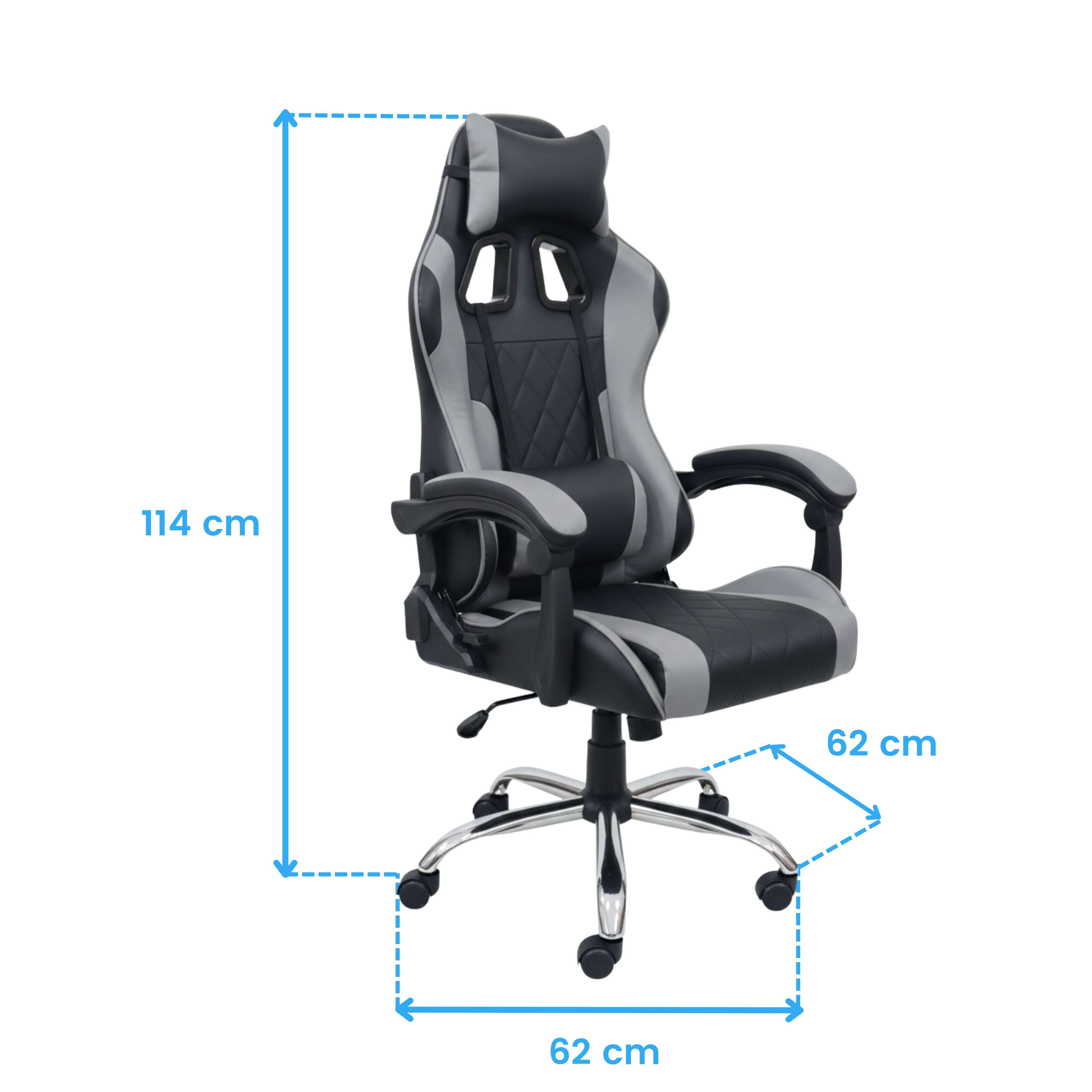 Una silla gamer negra y gris con dimensiones de 114x62x62 cm.