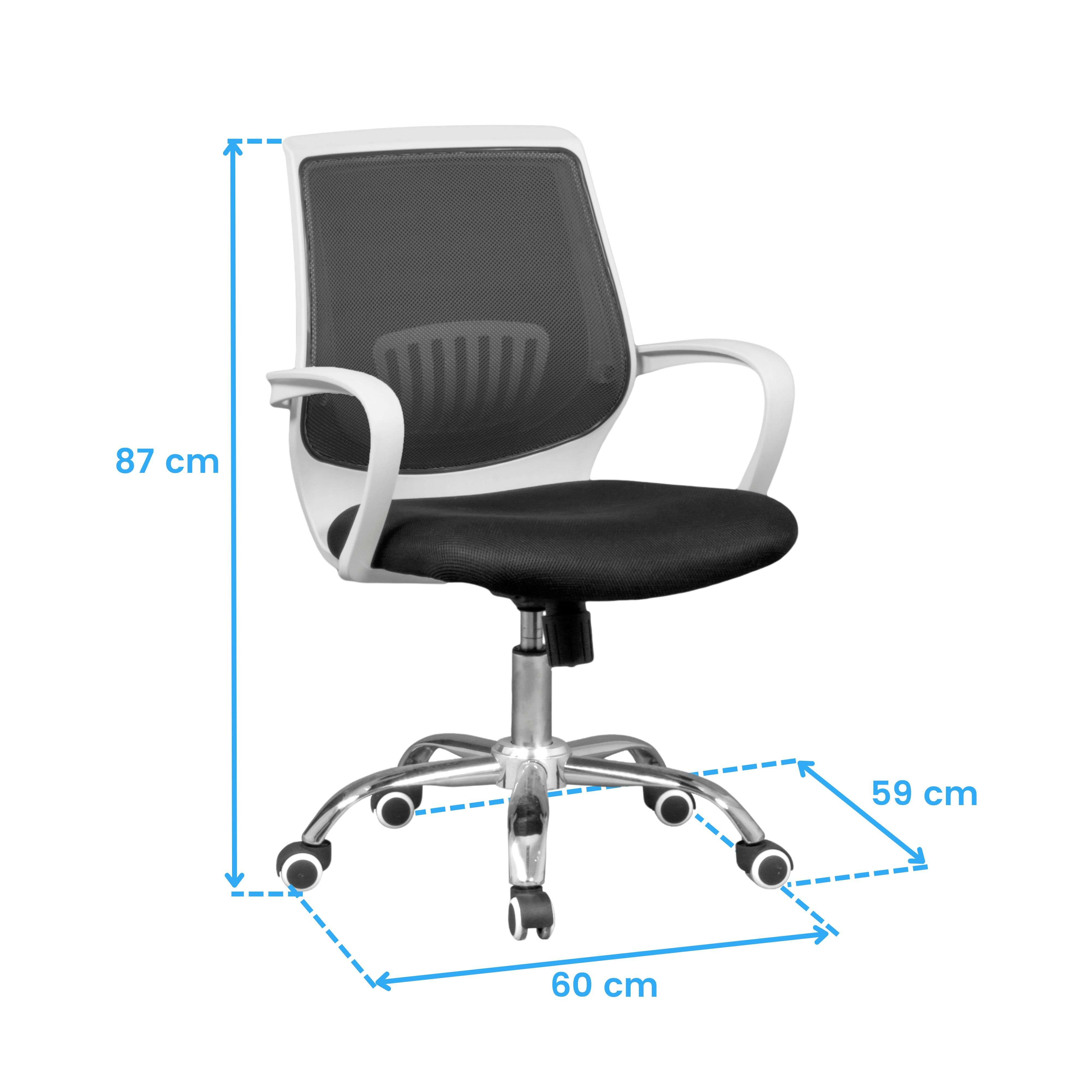 Silla de oficina con respaldo de malla, dimensiones 87x60x59 cm.