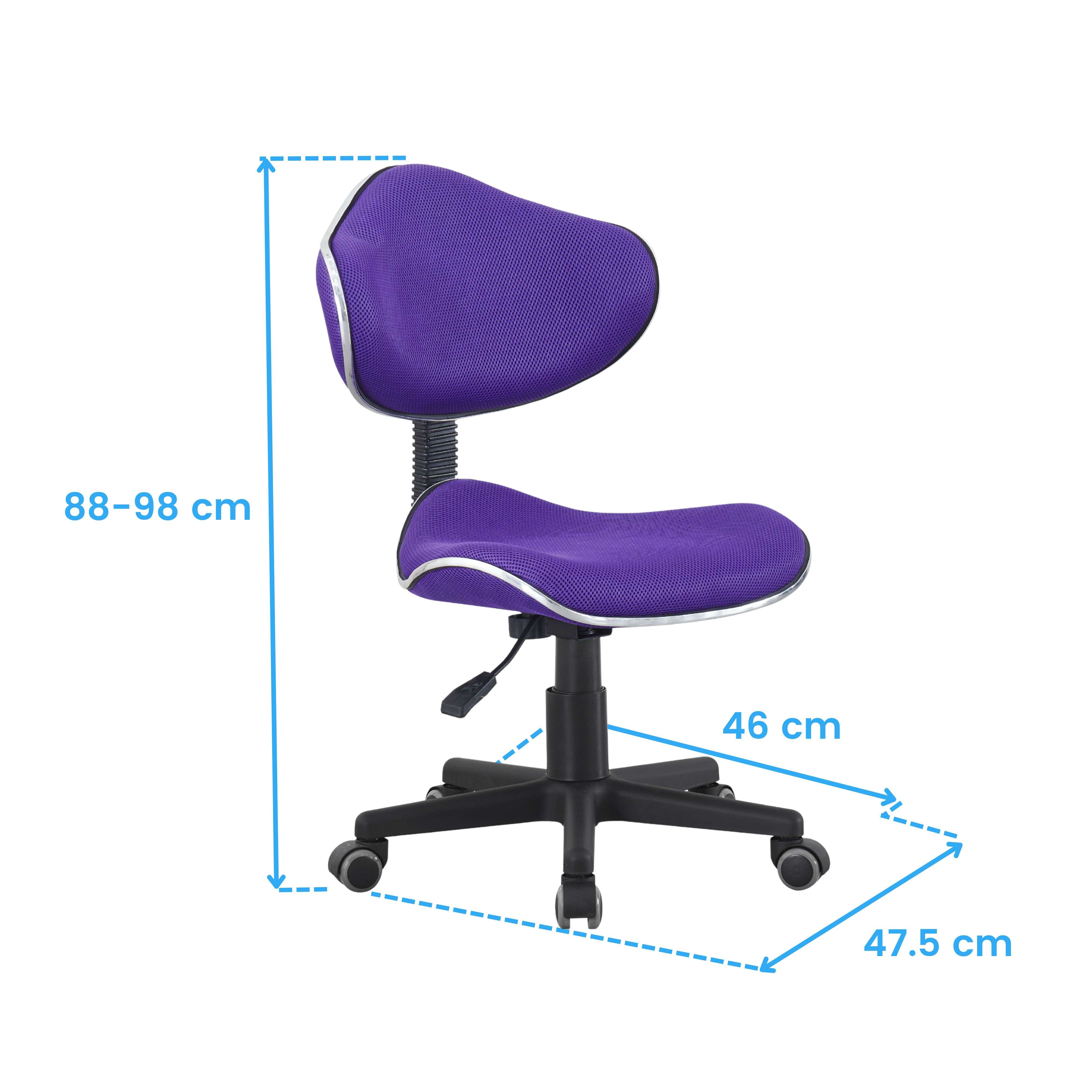 Silla de oficina morada con ruedas y dimensiones de altura: 88-98 cm, 46 cm, 47.5 cm.