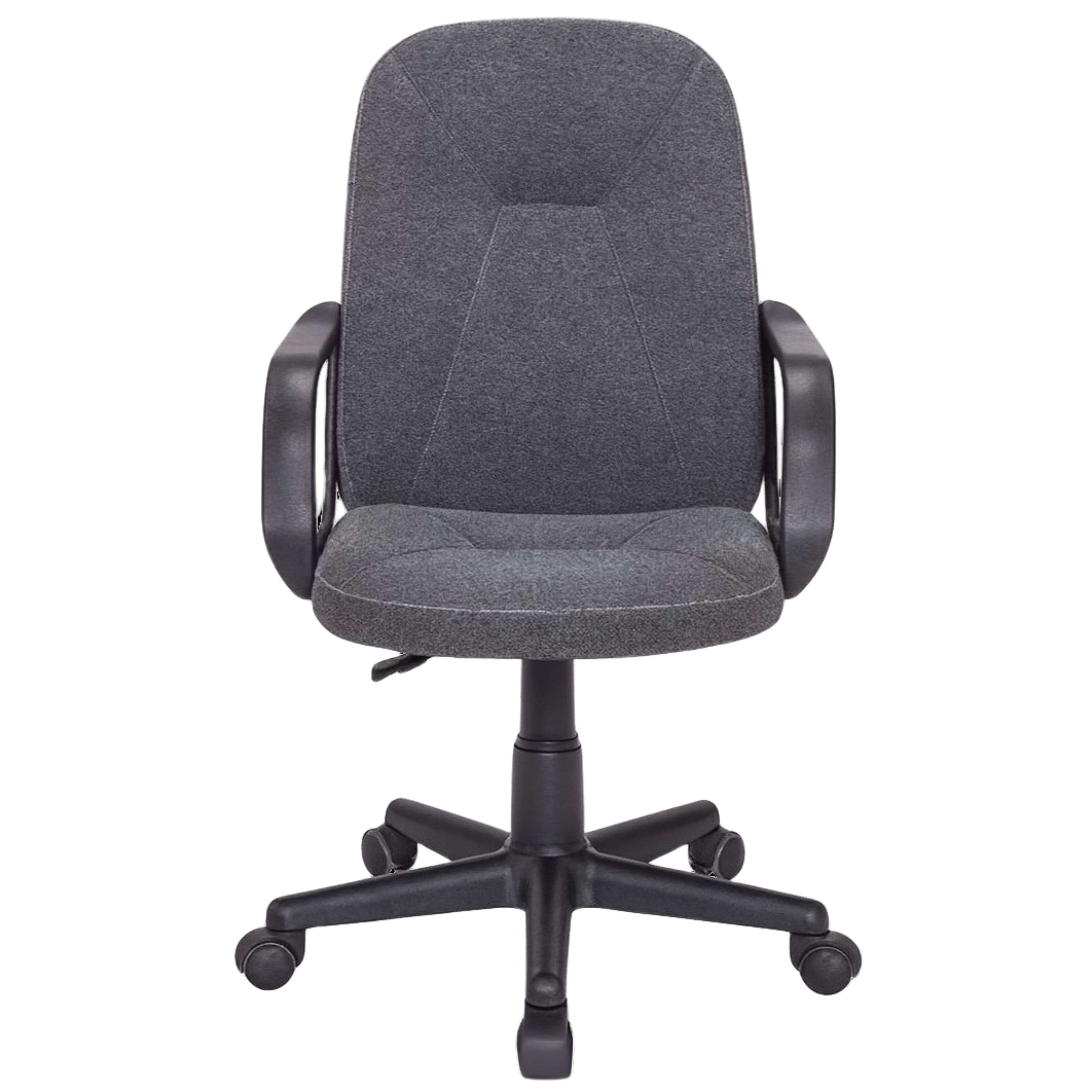 Silla de oficina gris con base negra y ruedas.