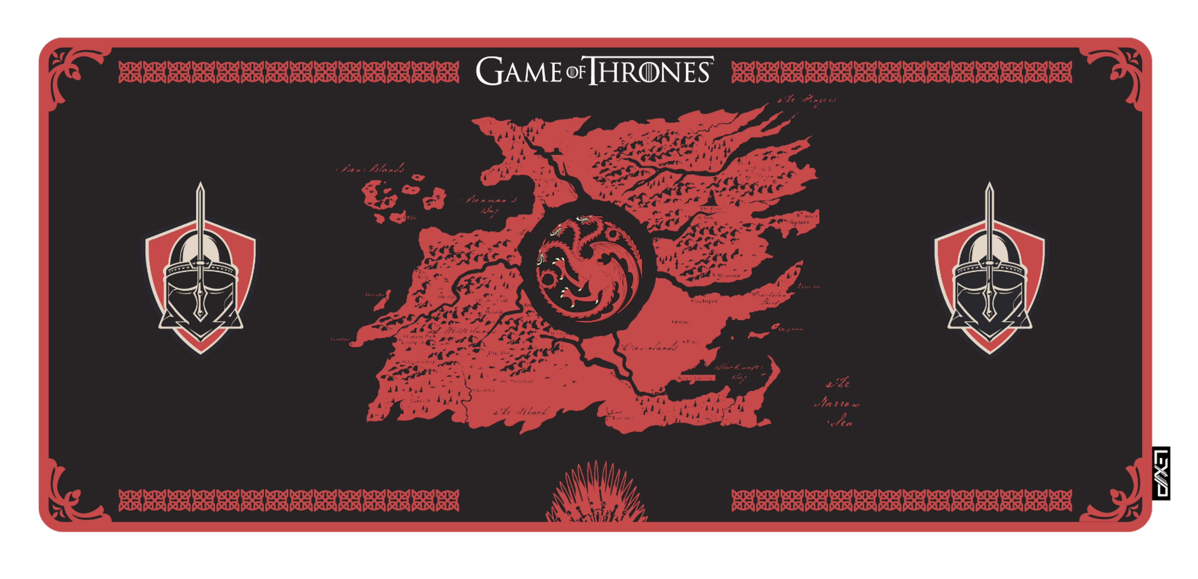 Mappa di Westeros con il sigillo di Casa Targaryen ed emblemi di elmo.