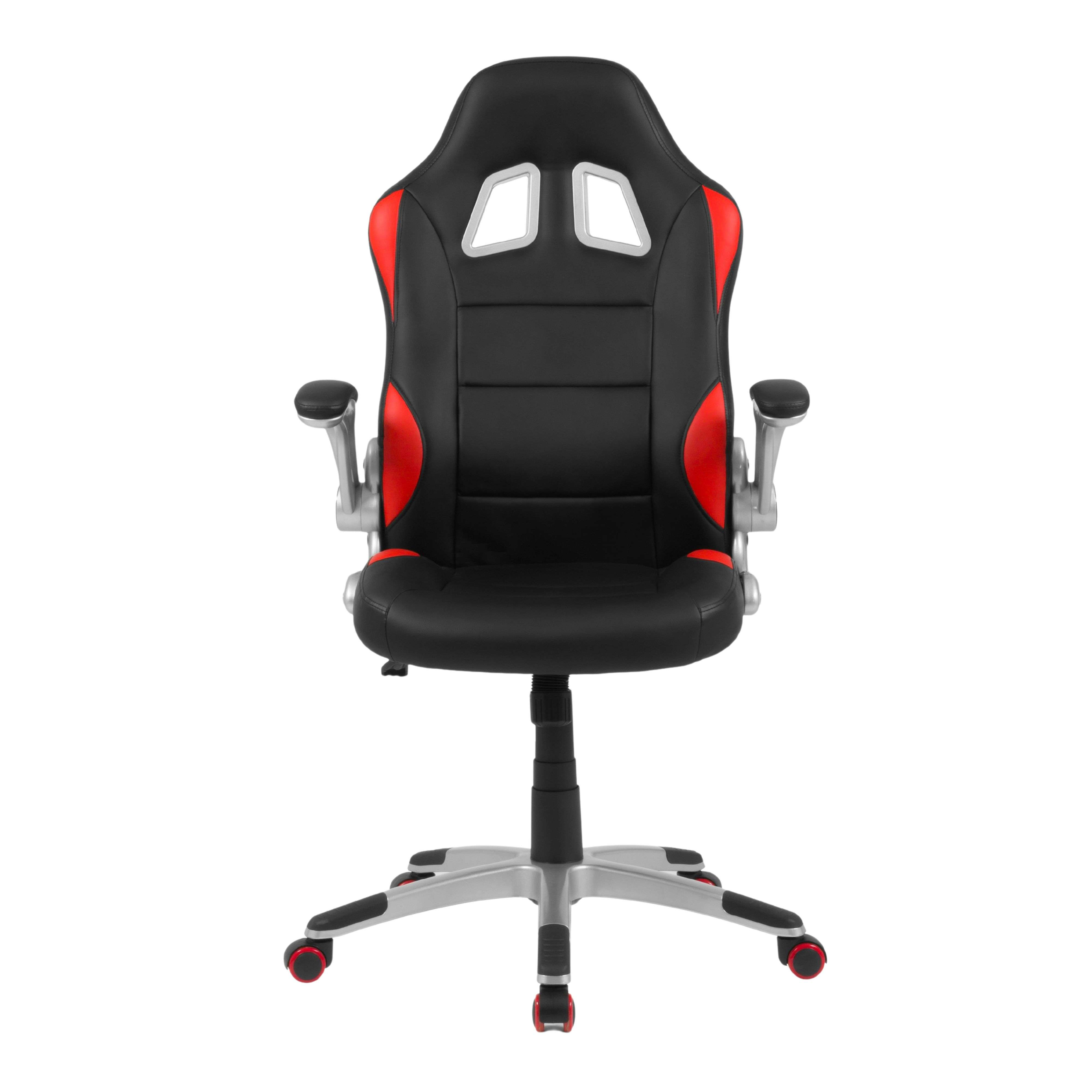 Una silla gamer negra con detalles rojos y base plateada en estrella con ruedas.