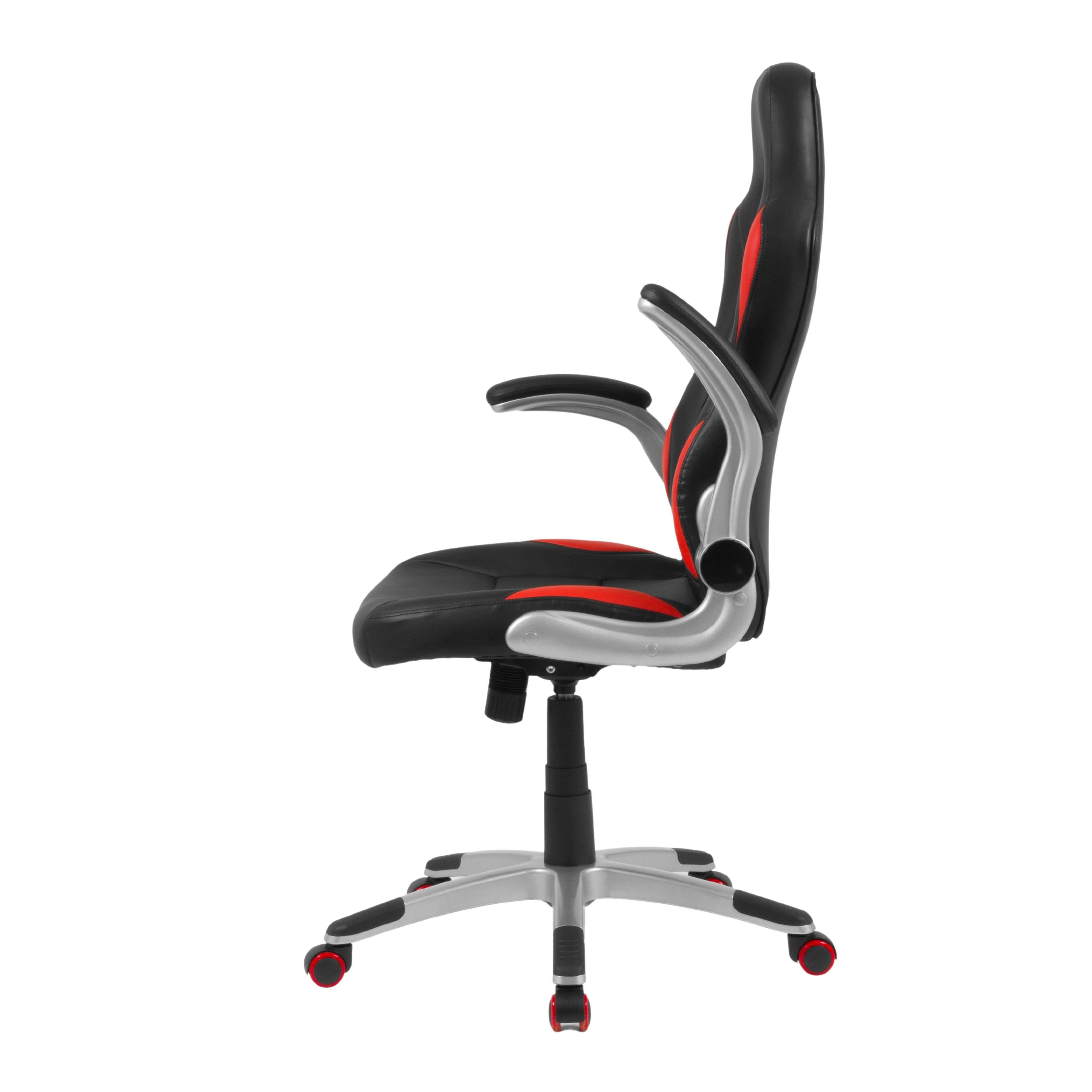 Una silla de oficina negra con detalles rojos sobre fondo blanco.