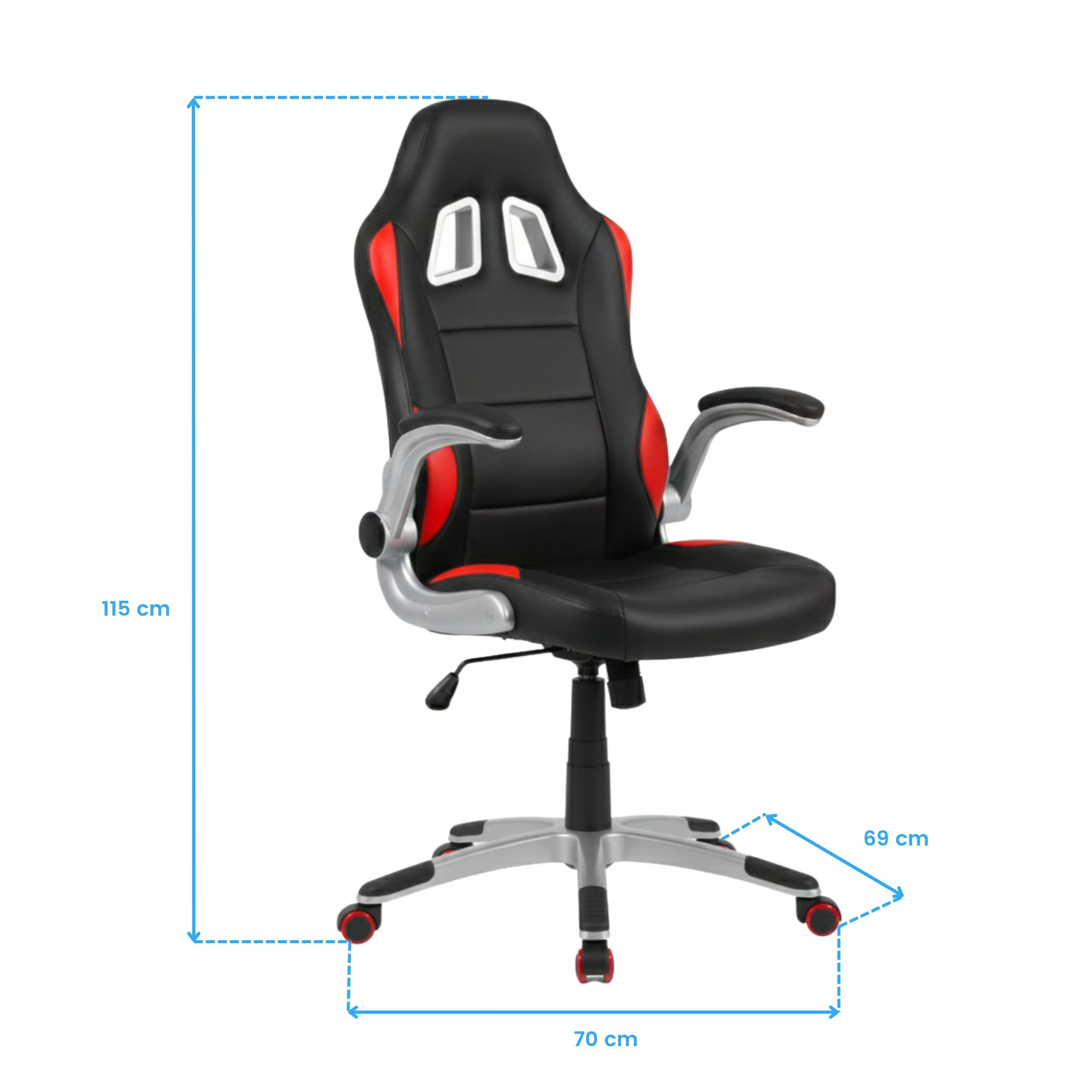Silla de carreras negra con detalles rojos y base plateada, medidas 115x70x69 cm.