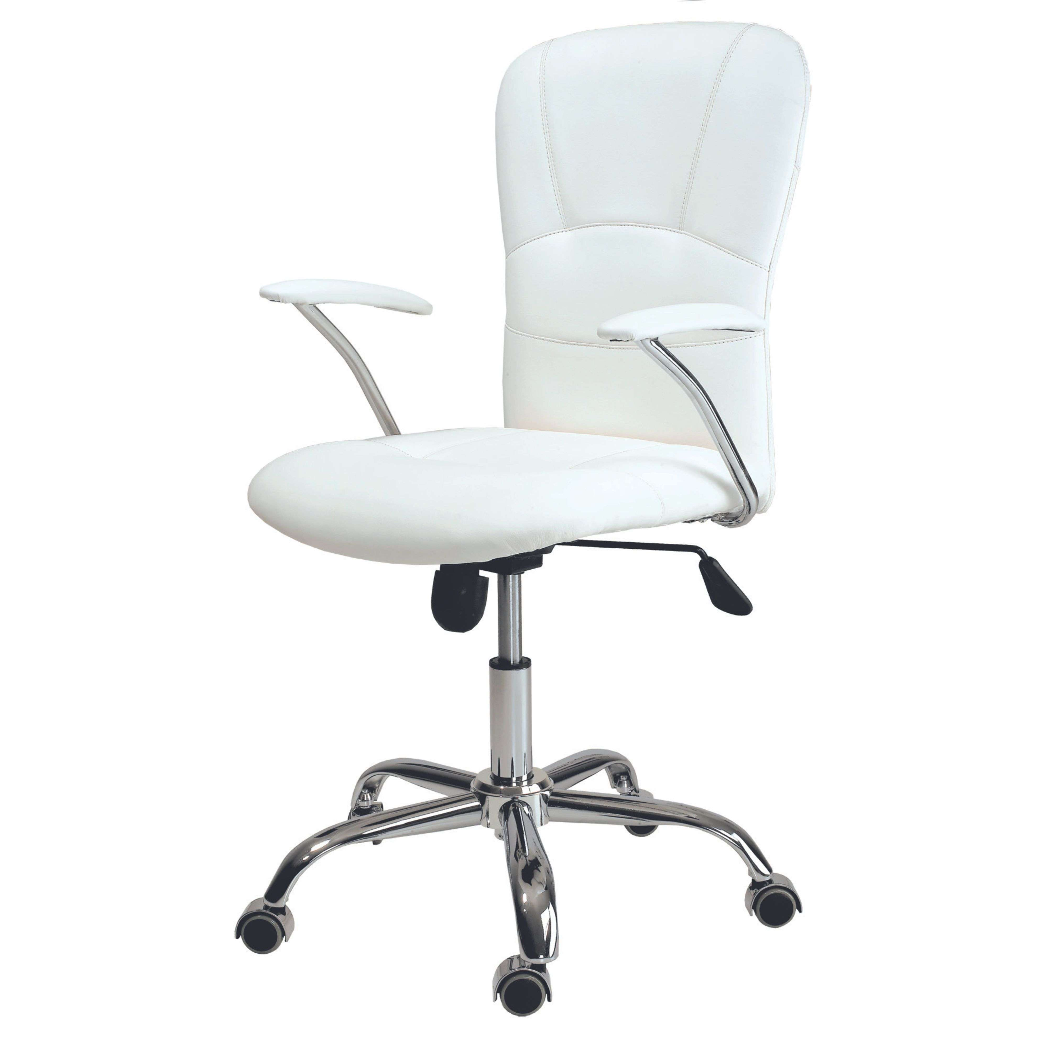 Una silla de oficina blanca con base cromada y ruedas.