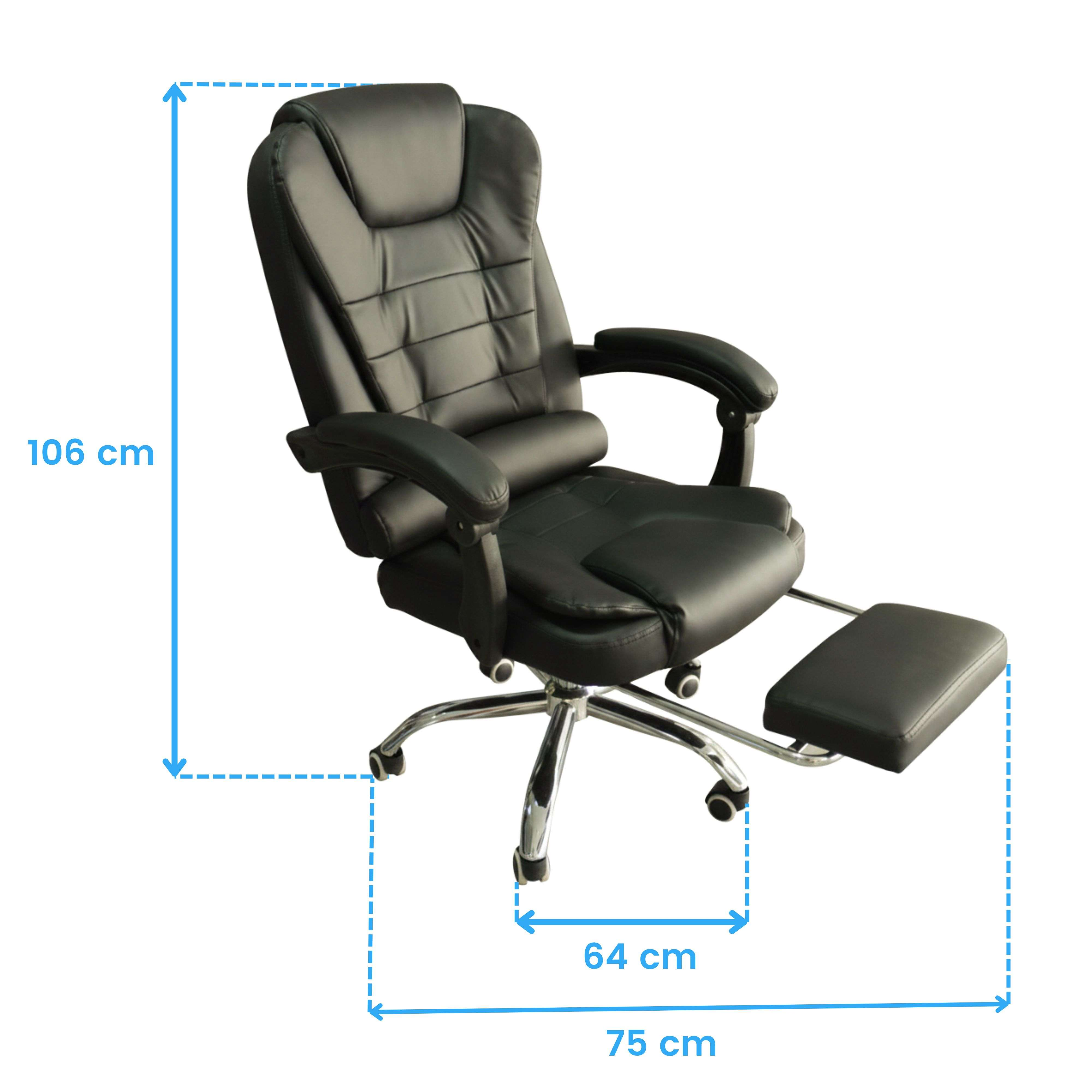 Silla de oficina negra con reposapiés extraíble y dimensiones.
