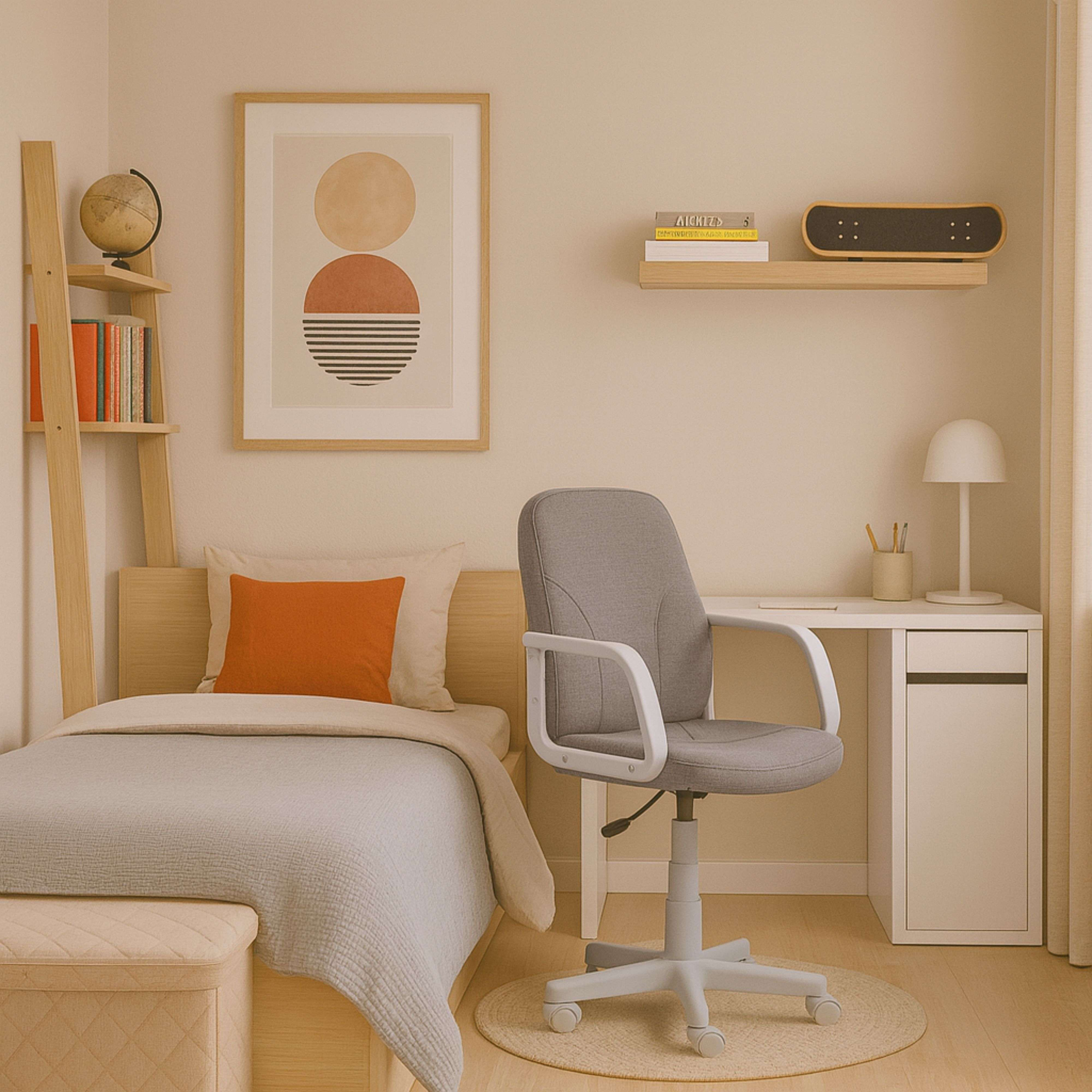 Un dormitorio con cama, escritorio, silla y estante. Un globo terráqueo y arte en la pared.