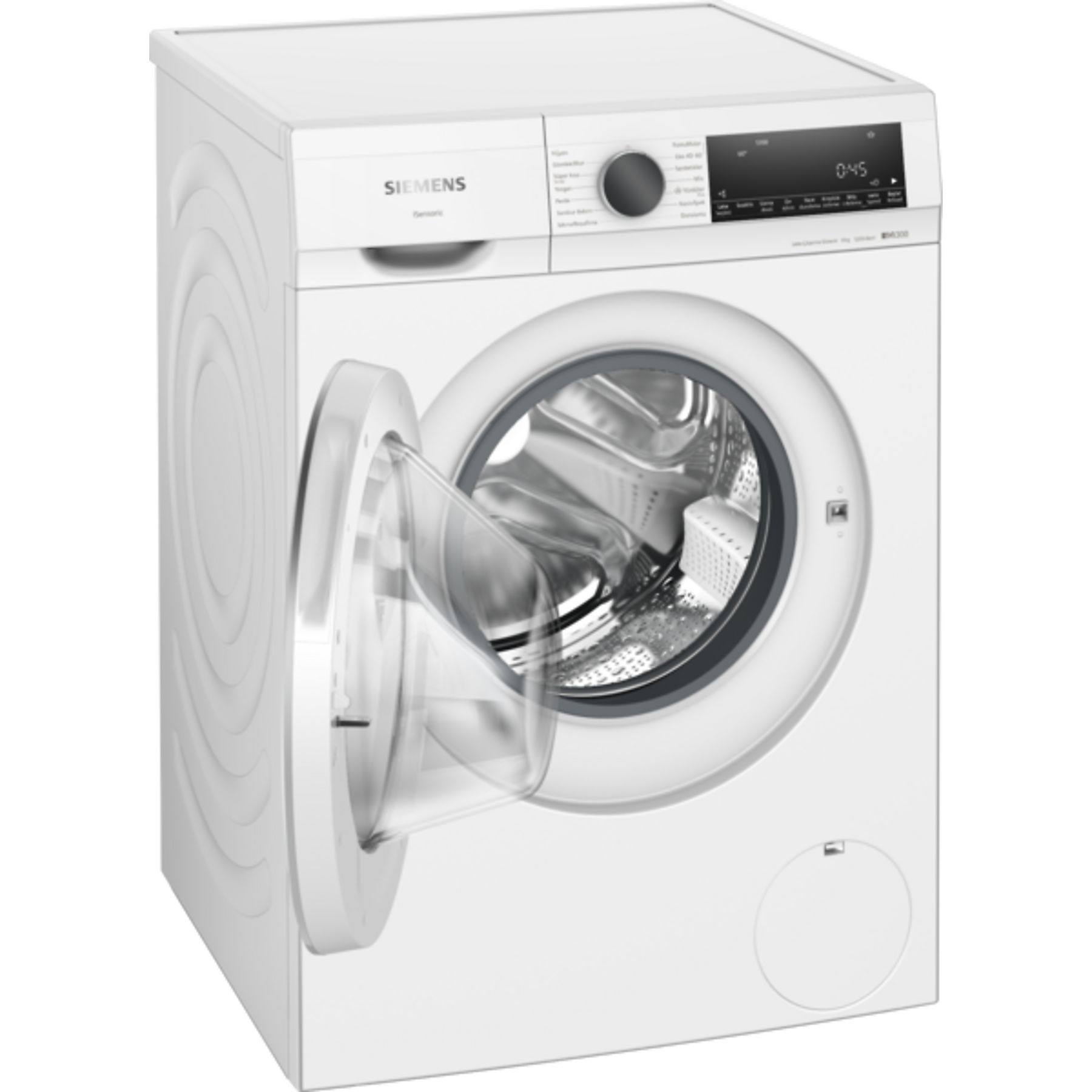 Açık kapılı beyaz Siemens çamaşır makinesi, tambur görünüyor. Dijital ekran 0:45 gösteriyor.