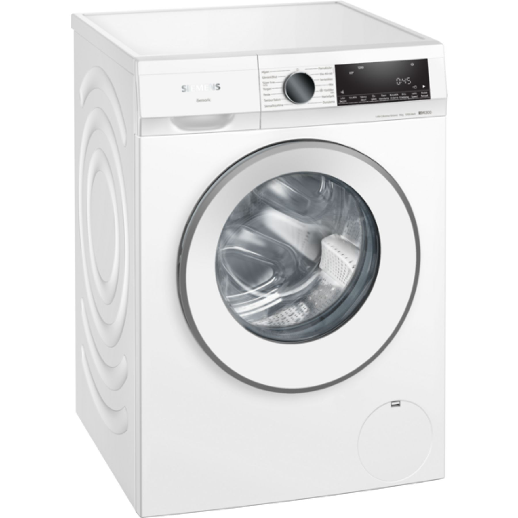 Dijital ekranlı ve yuvarlak kapılı beyaz Siemens çamaşır makinesi. Sol taraf dalgalı desenli.