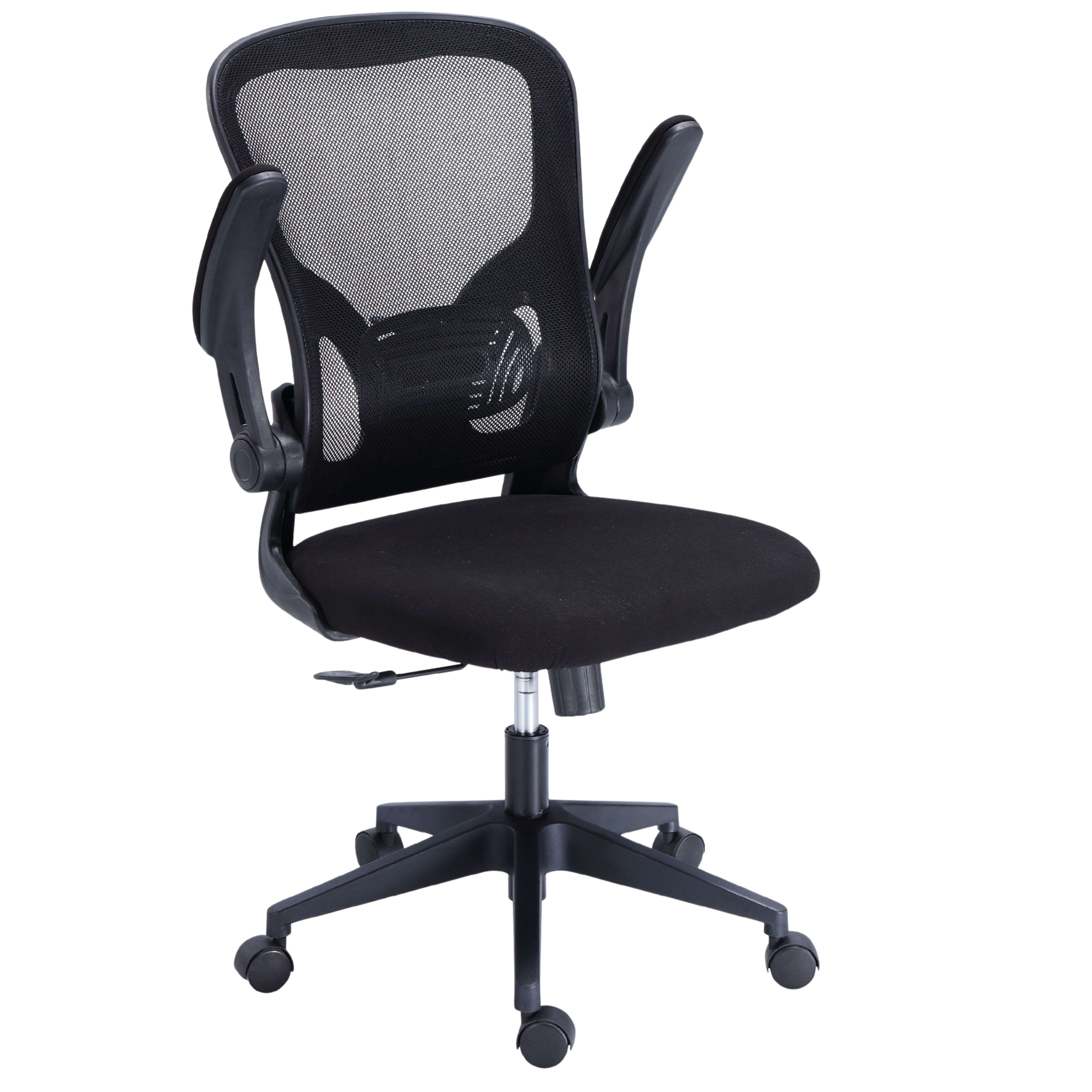 Una silla de oficina negra con respaldo de malla y brazos ajustables.