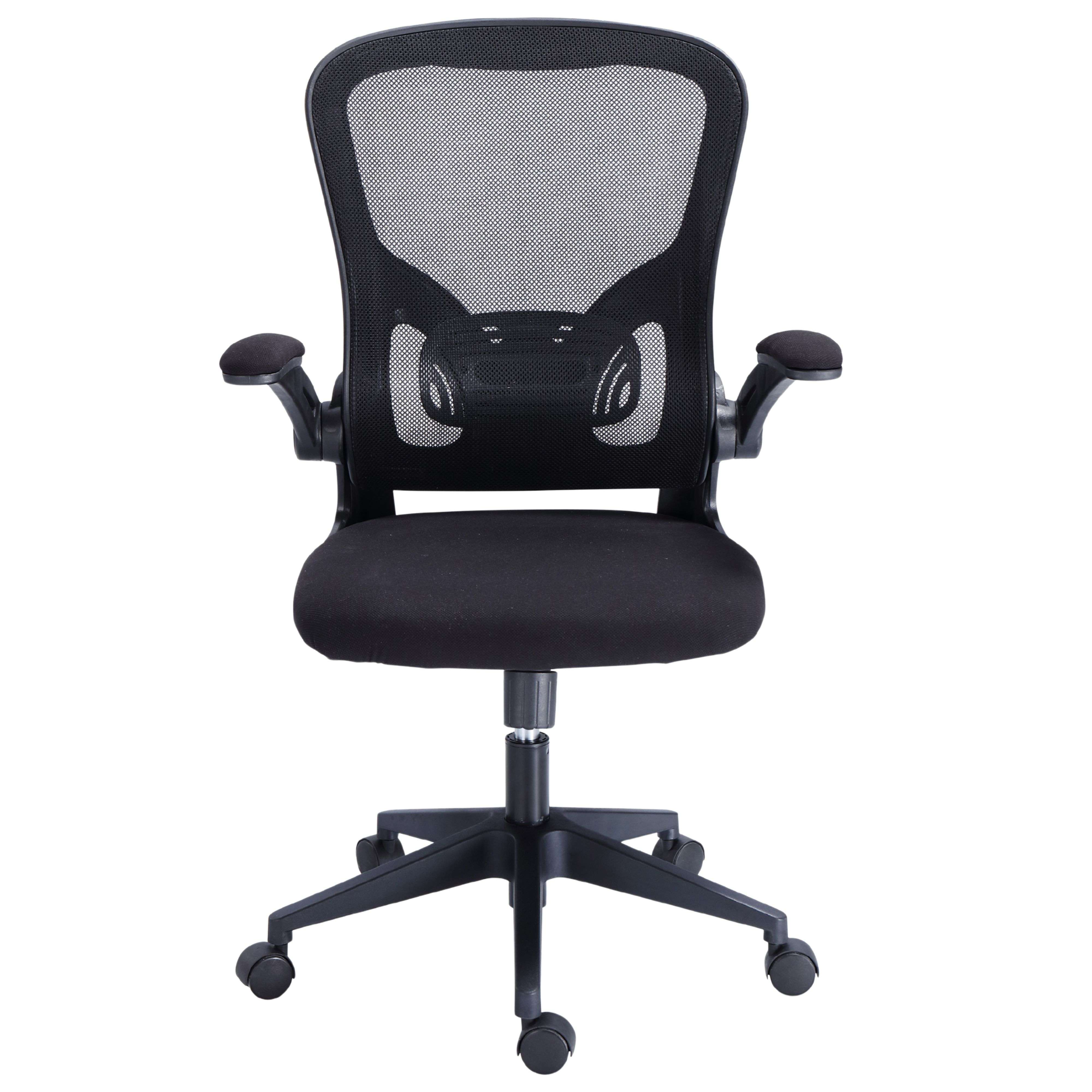 Silla de oficina negra con respaldo de malla y asiento acolchado.