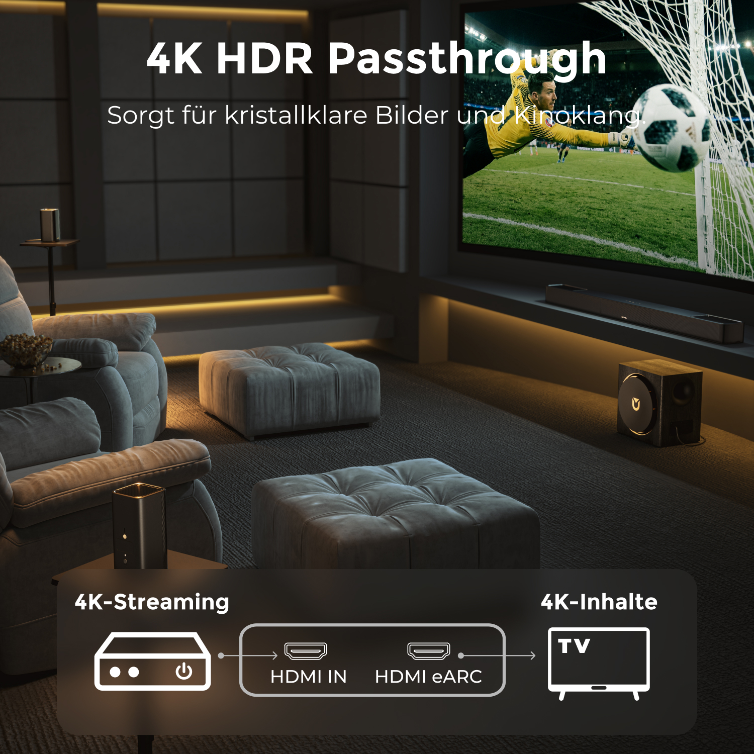 Heimkino mit 4K HDR-Passthrough, Fußballspiel auf dem Fernseher.