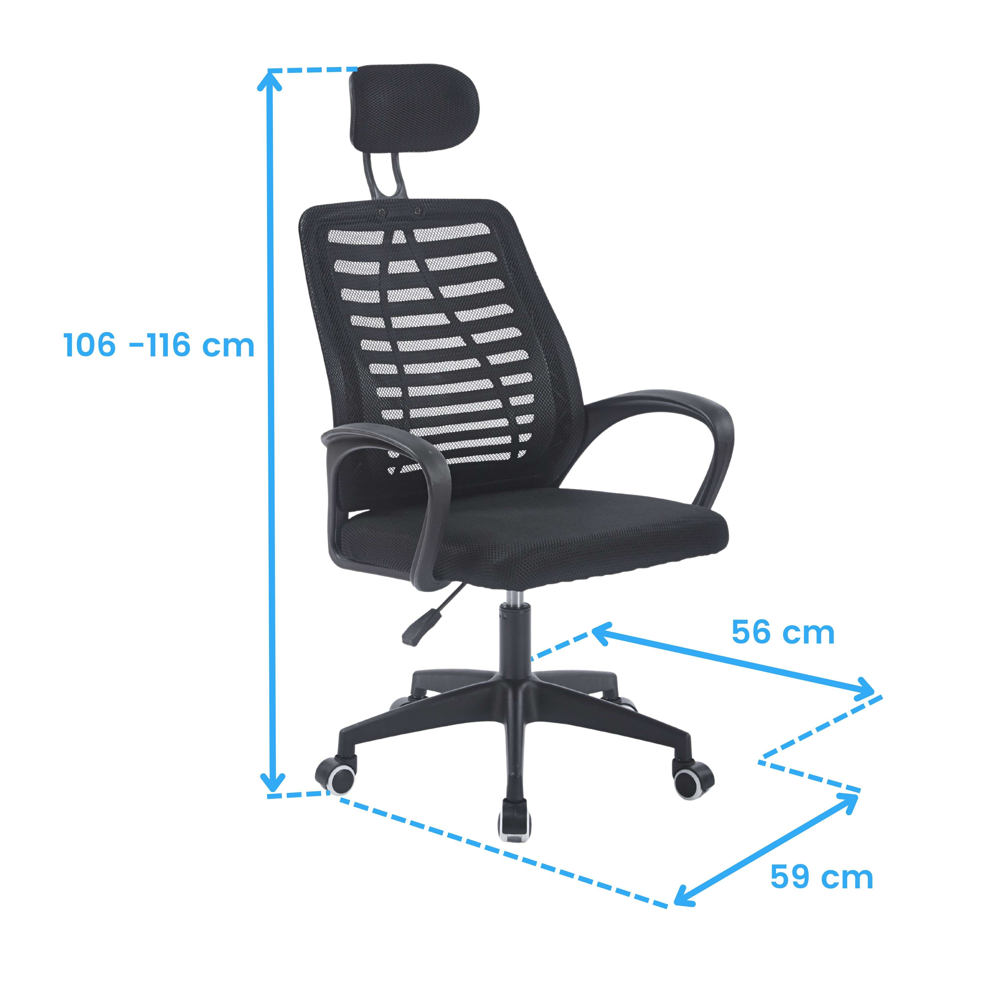 Silla de oficina negra con respaldo de malla, medidas 106-116cm A, 56cm An, 59cm P.