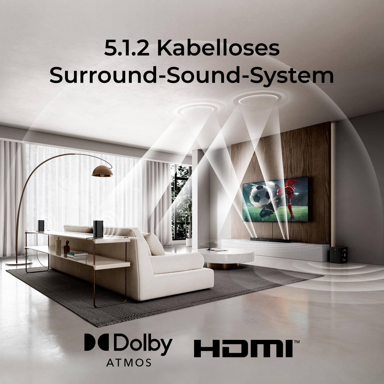 Ein modernes Wohnzimmer mit Dolby Atmos und HDMI-Logo.