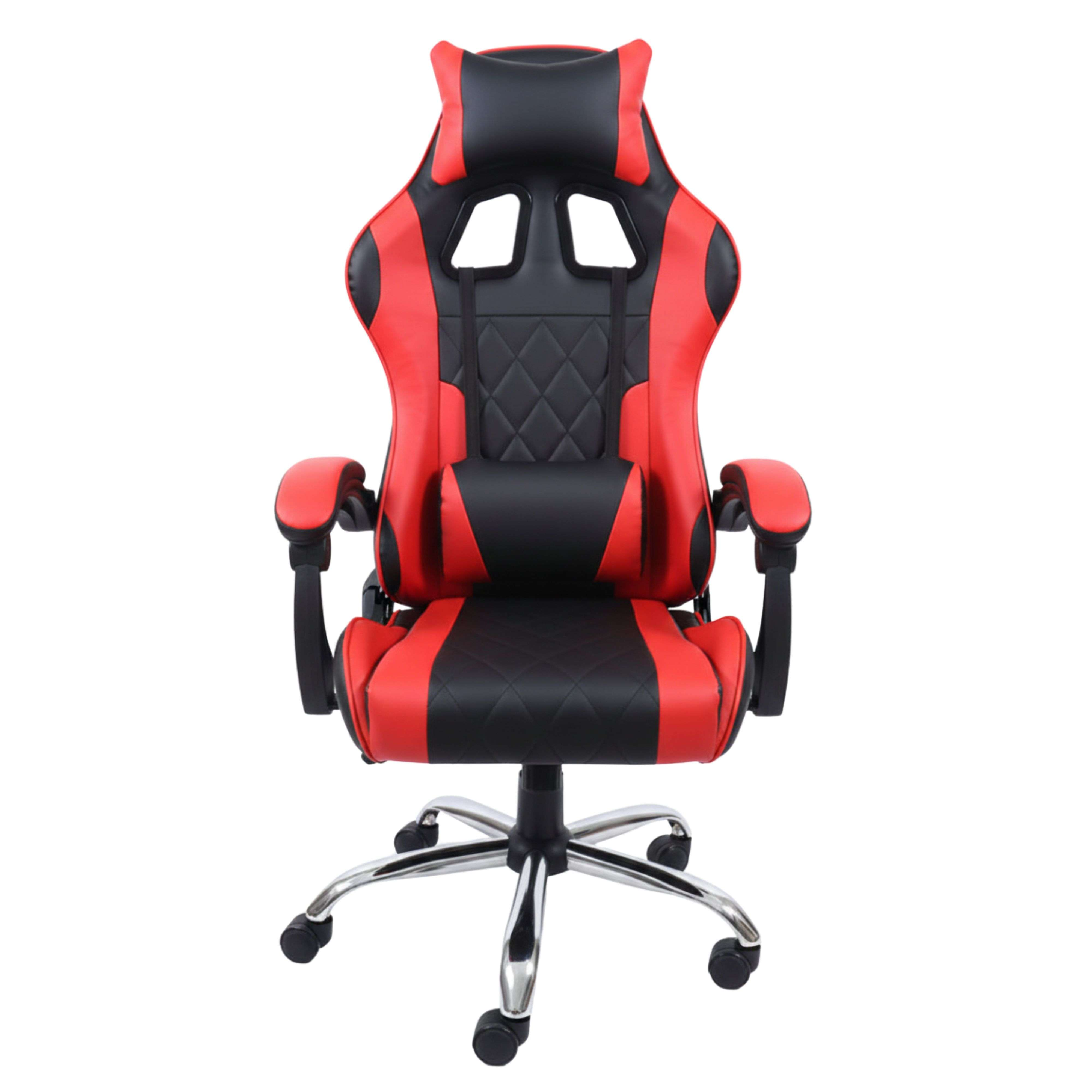Una silla gamer roja y negra con reposacabezas y cojín lumbar.