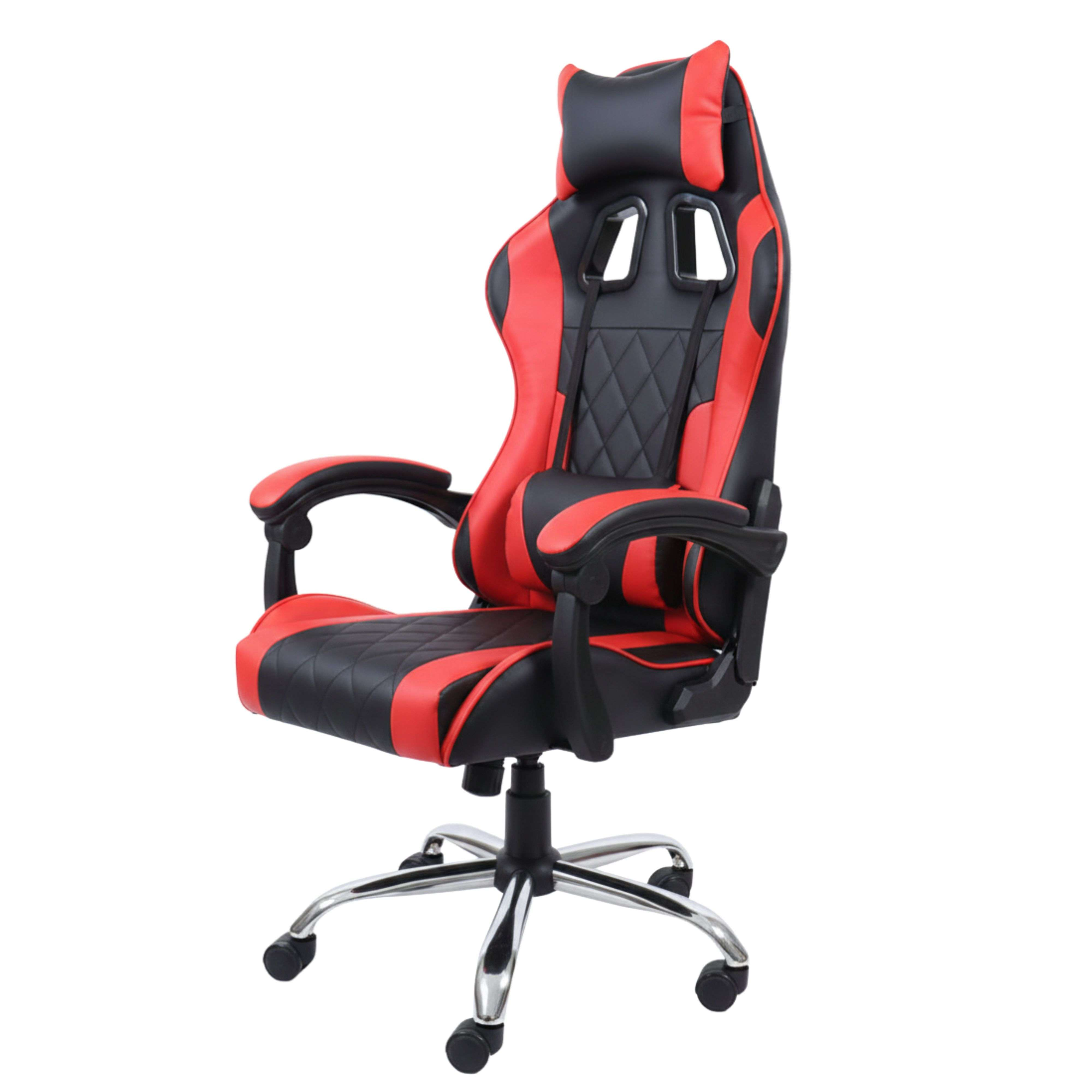 Una silla gamer negra y roja con reposacabezas y cojín lumbar.