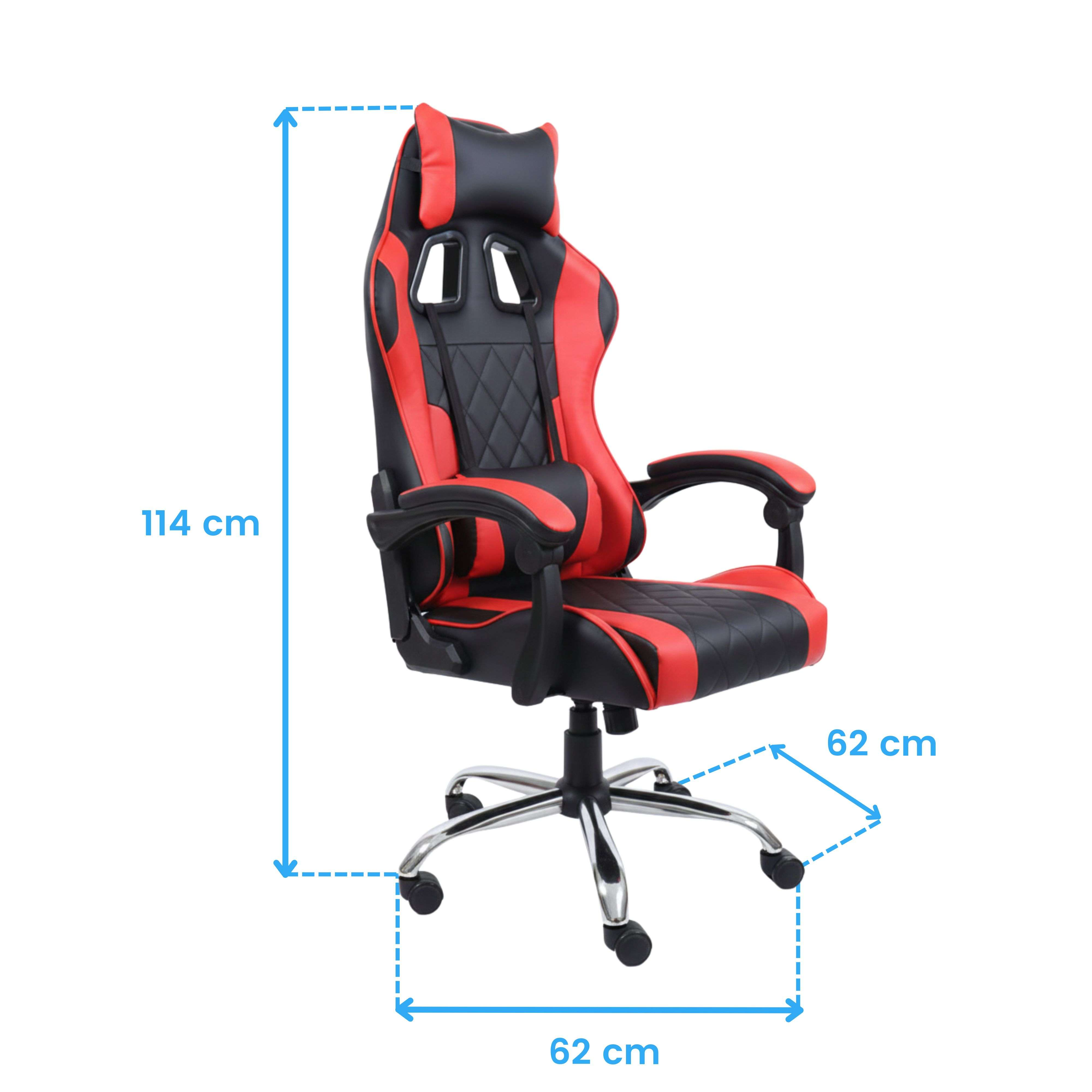 Una silla gamer roja y negra con dimensiones de 114 cm de alto y 62 cm de ancho.