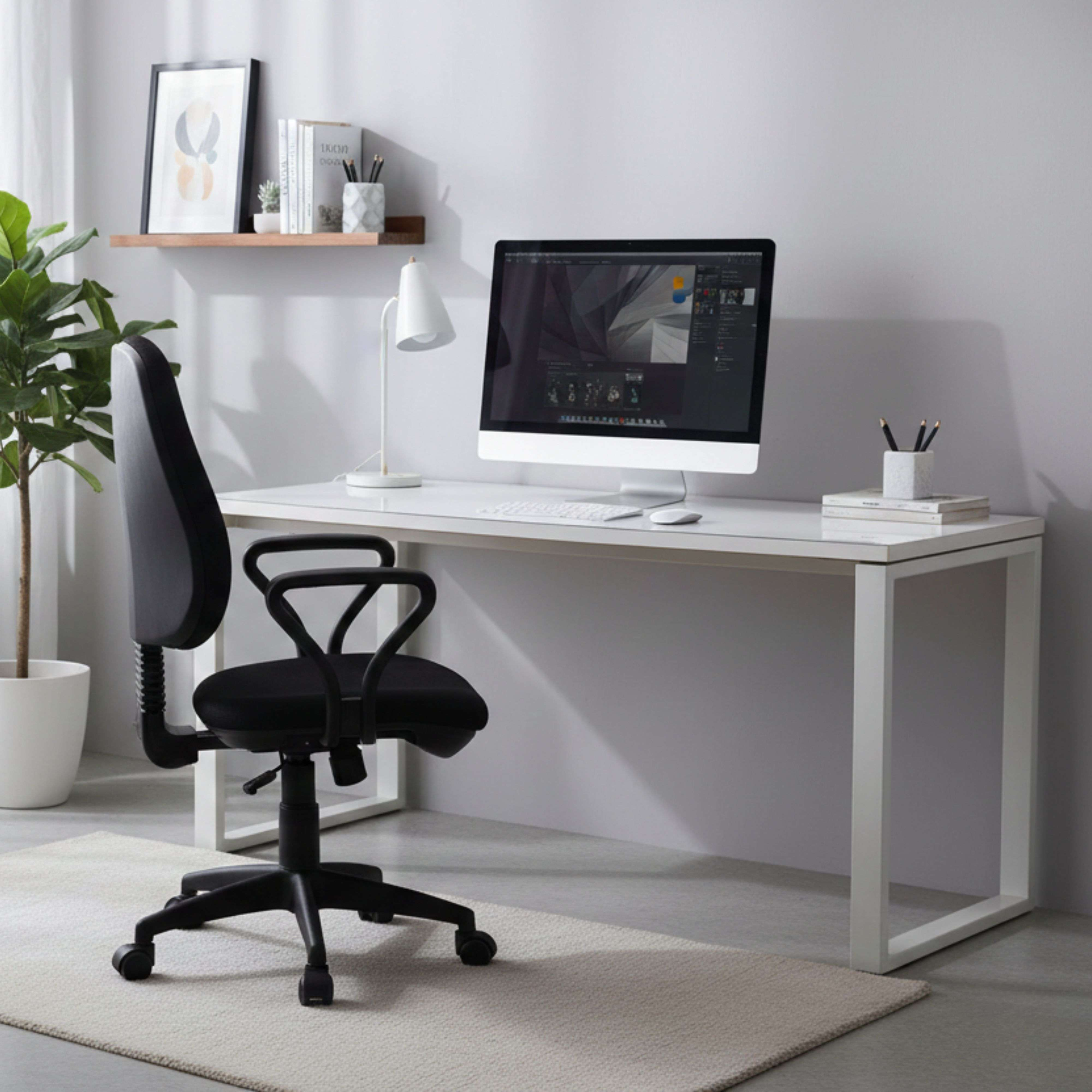Un espacio de trabajo moderno con escritorio, computadora, silla y planta.