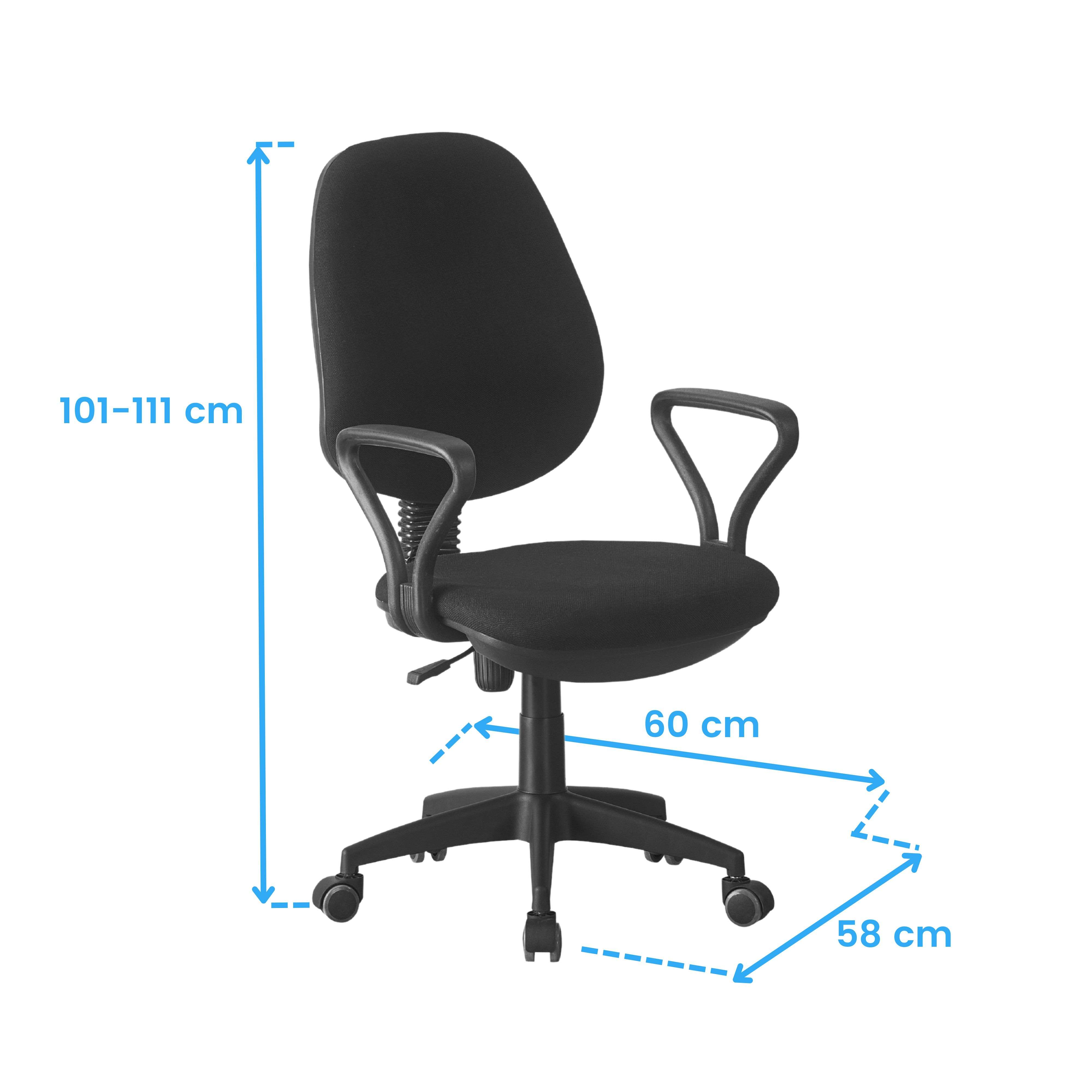 Silla de oficina negra con ruedas, mostrando medidas de alto y ancho.