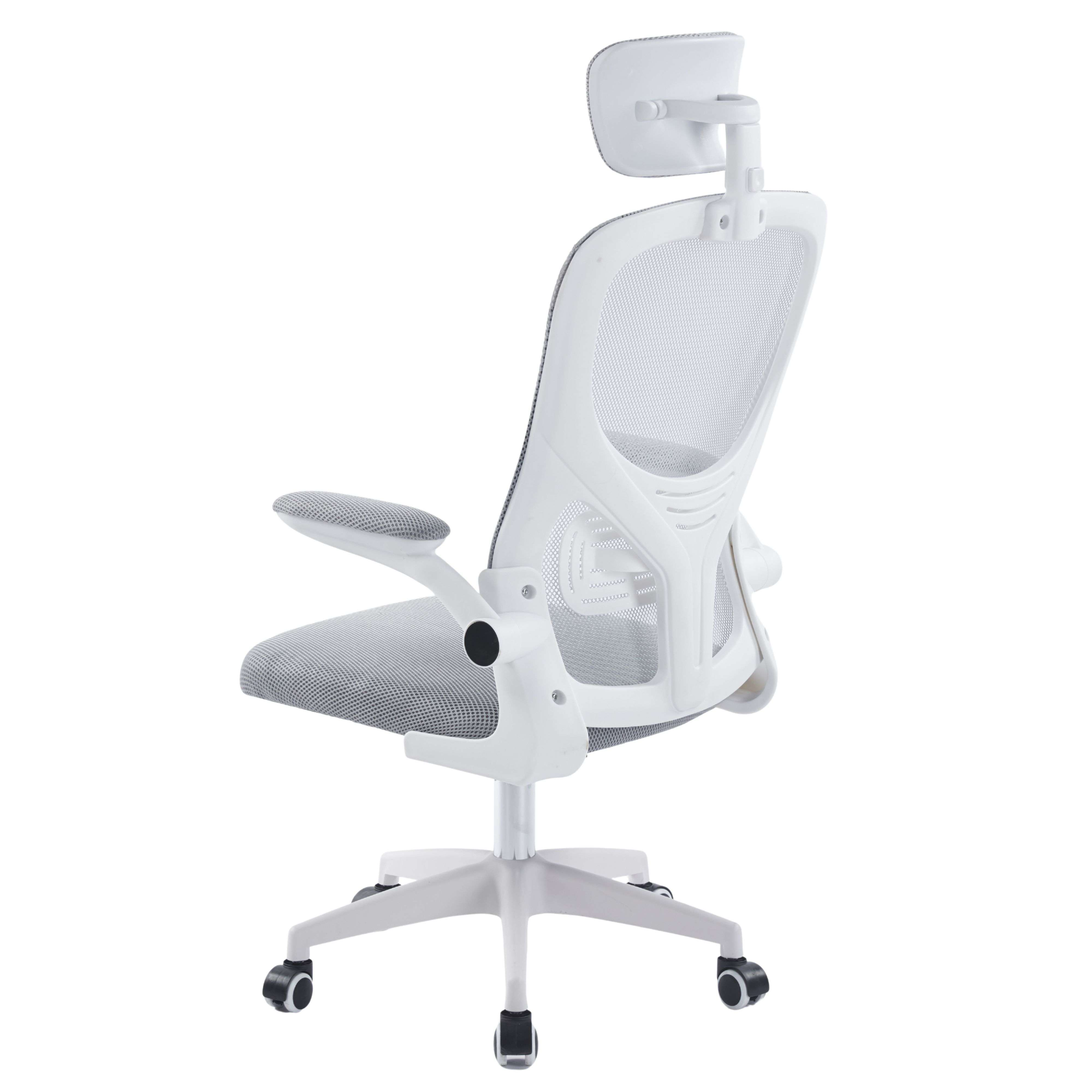 Silla de oficina ergonómica con marco blanco, respaldo de malla y asiento gris.