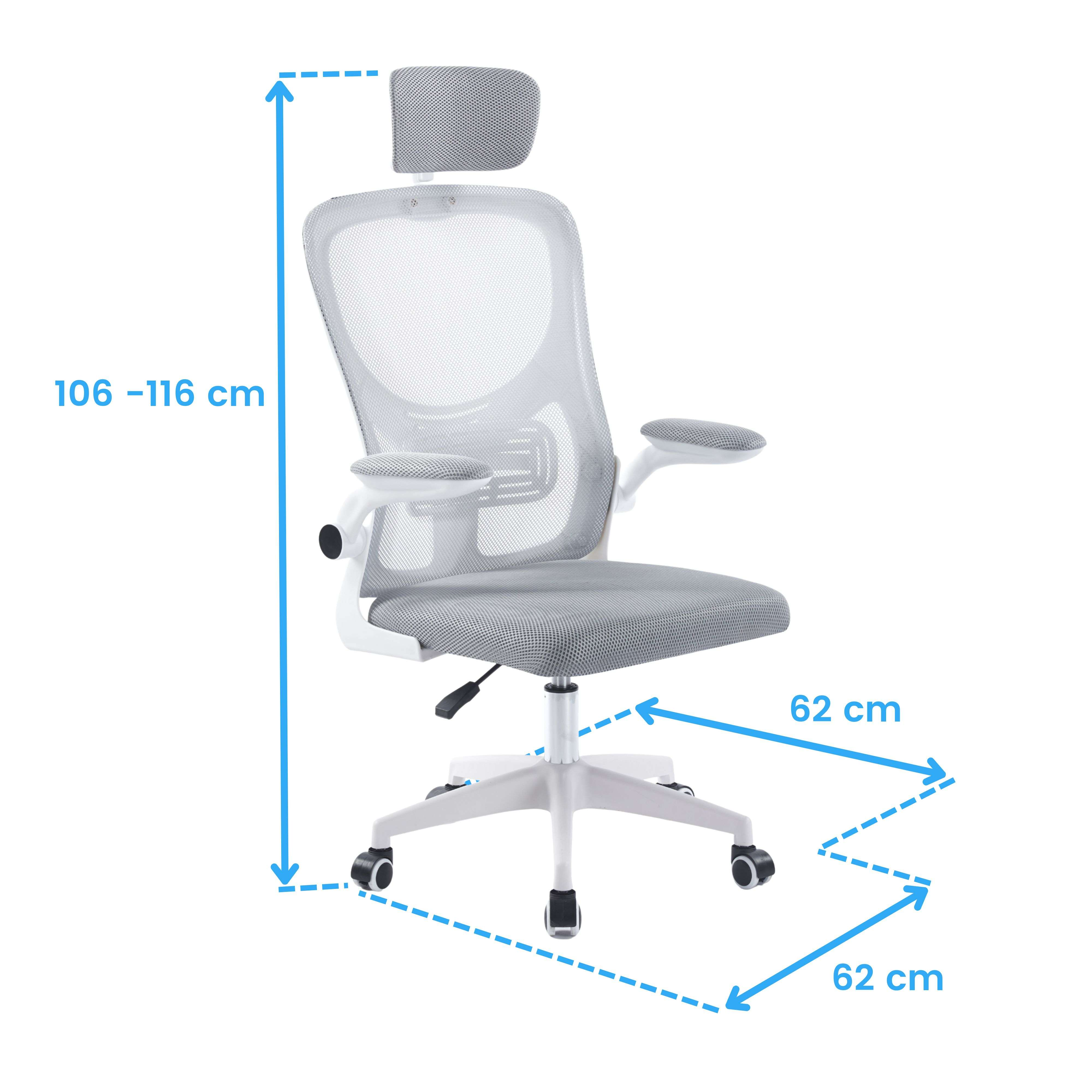 Silla de oficina de malla gris con acentos blancos, mostrando medidas: 106-116 cm alto, 62 cm ancho.