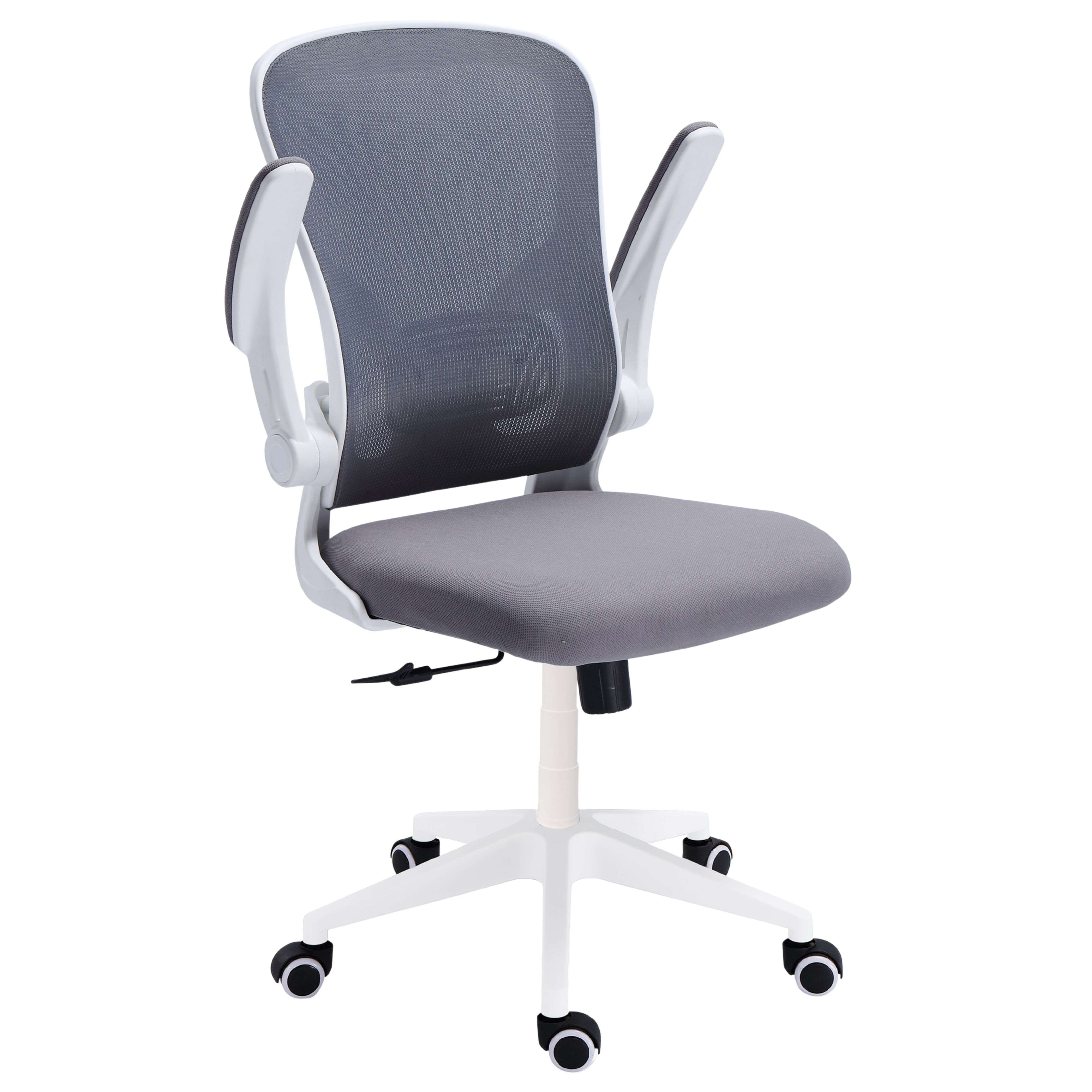 Una silla de oficina de malla gris con marco blanco y ruedas.