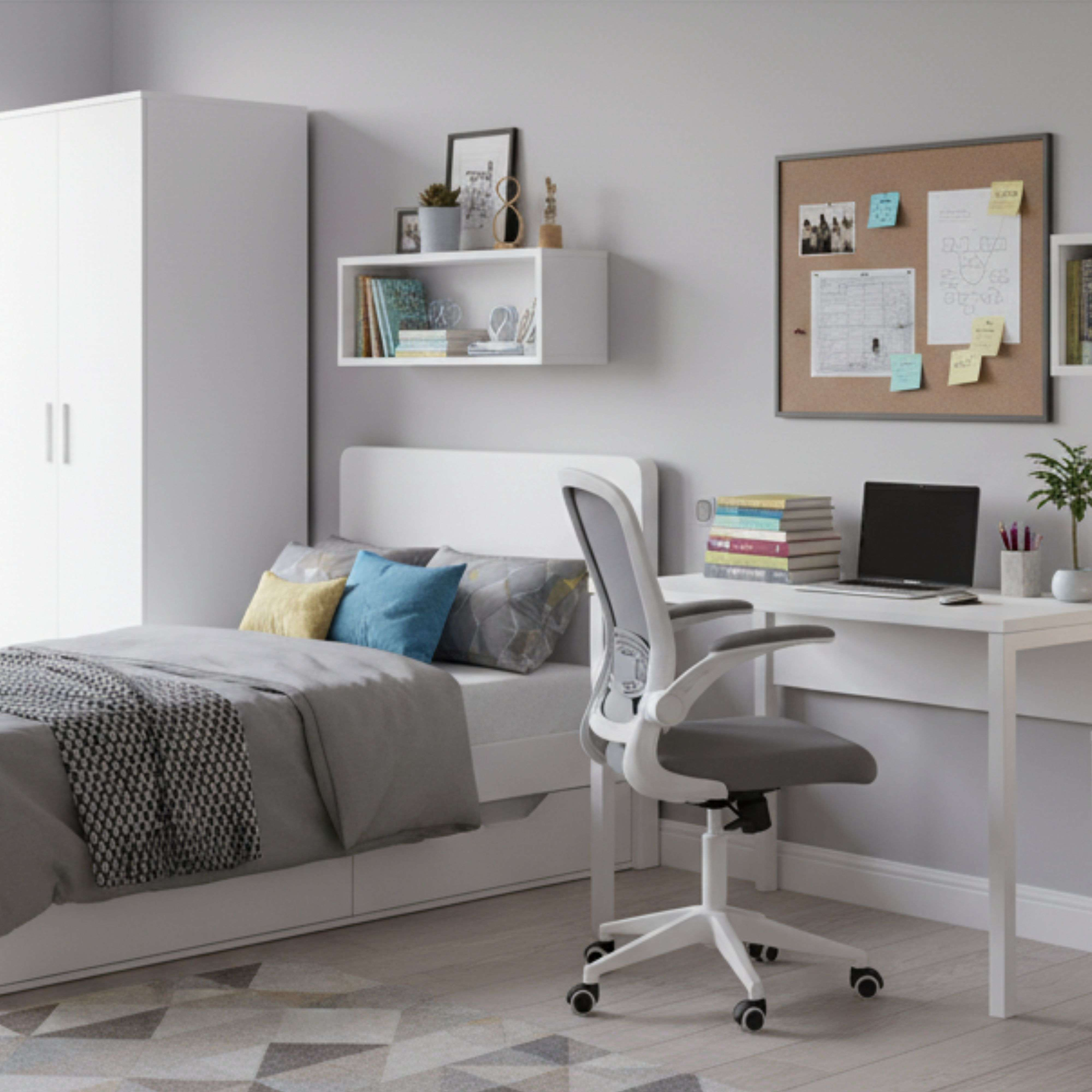 Un dormitorio con cama, escritorio, silla y armario. Render realista.