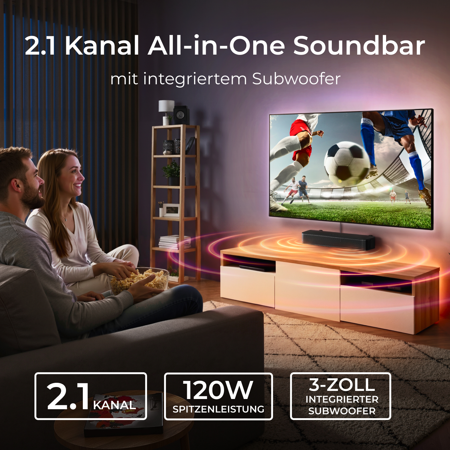 Ein Paar schaut fern, ein Soundbar liegt auf einem Lowboard, daneben ein Fernseher.