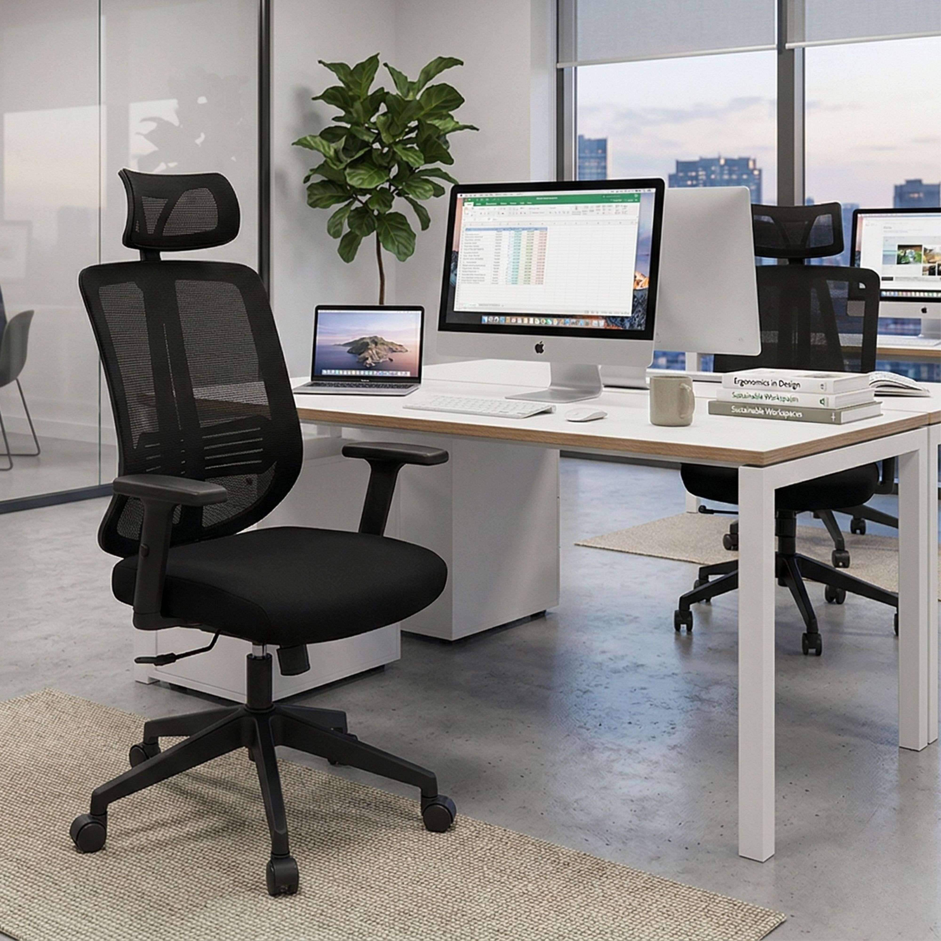 Una silla de oficina moderna con respaldo de malla y reposacabezas está frente a un escritorio con ordenadores.