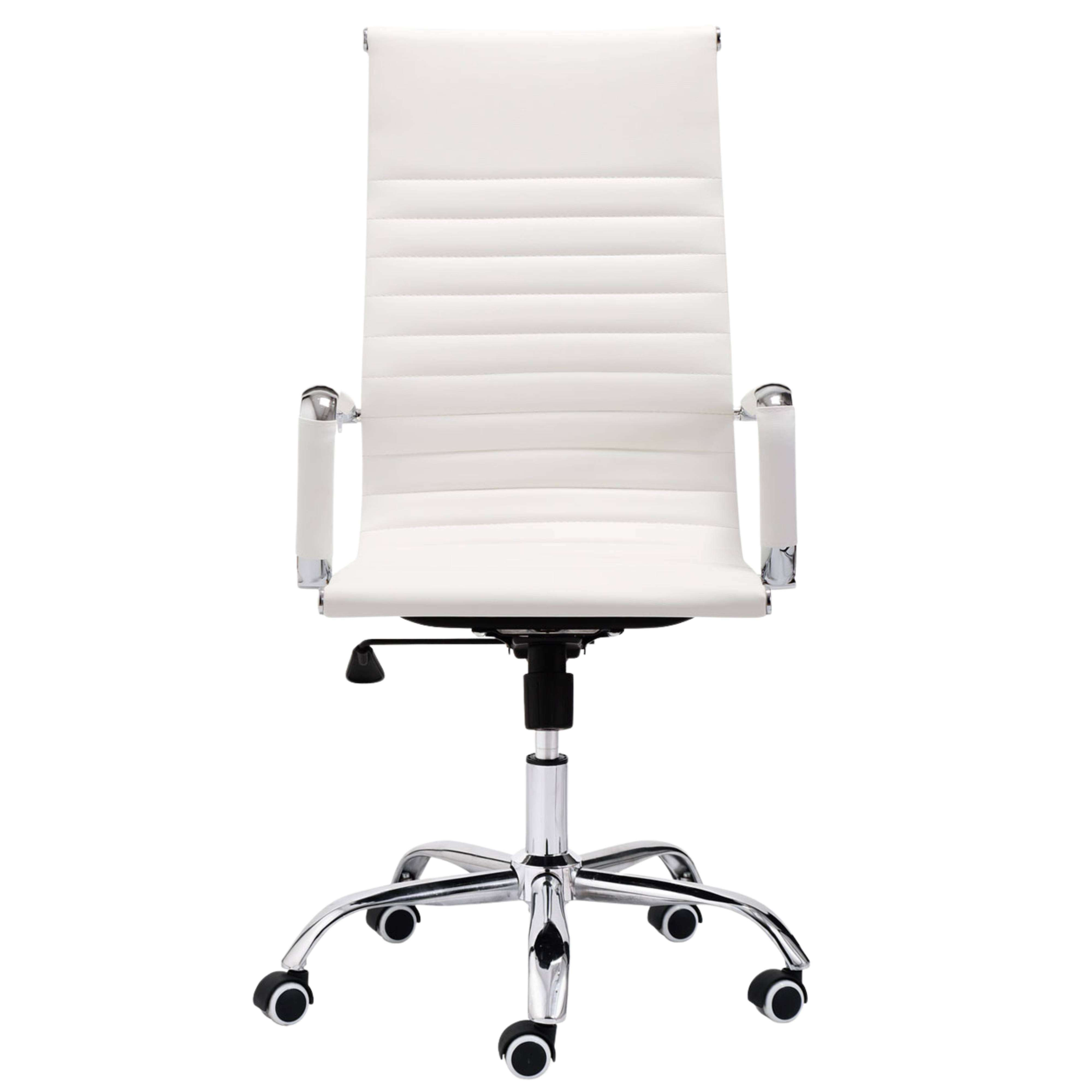 Silla de oficina blanca con base cromada y ruedas.