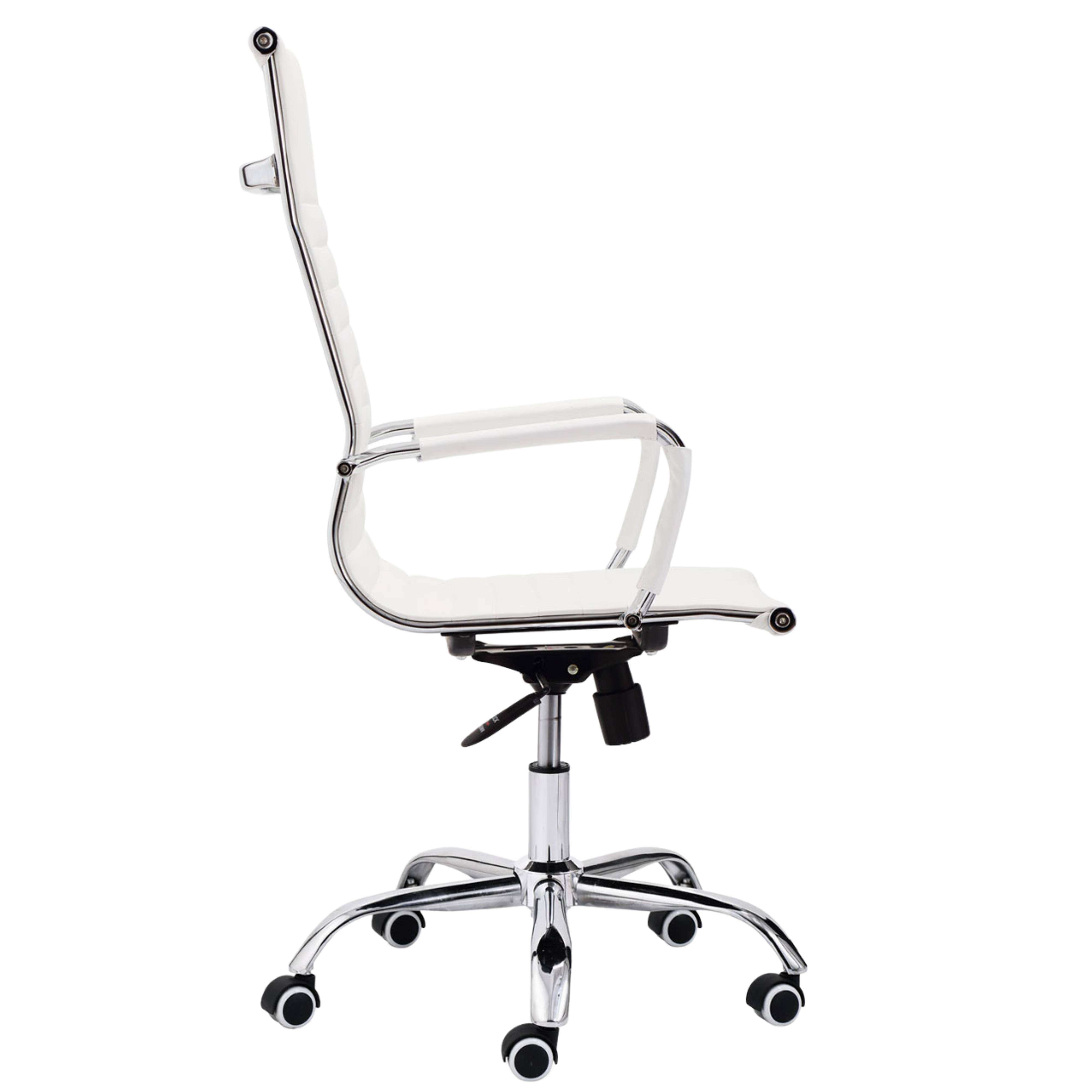 Silla de oficina blanca con detalles cromados, vista de lado.