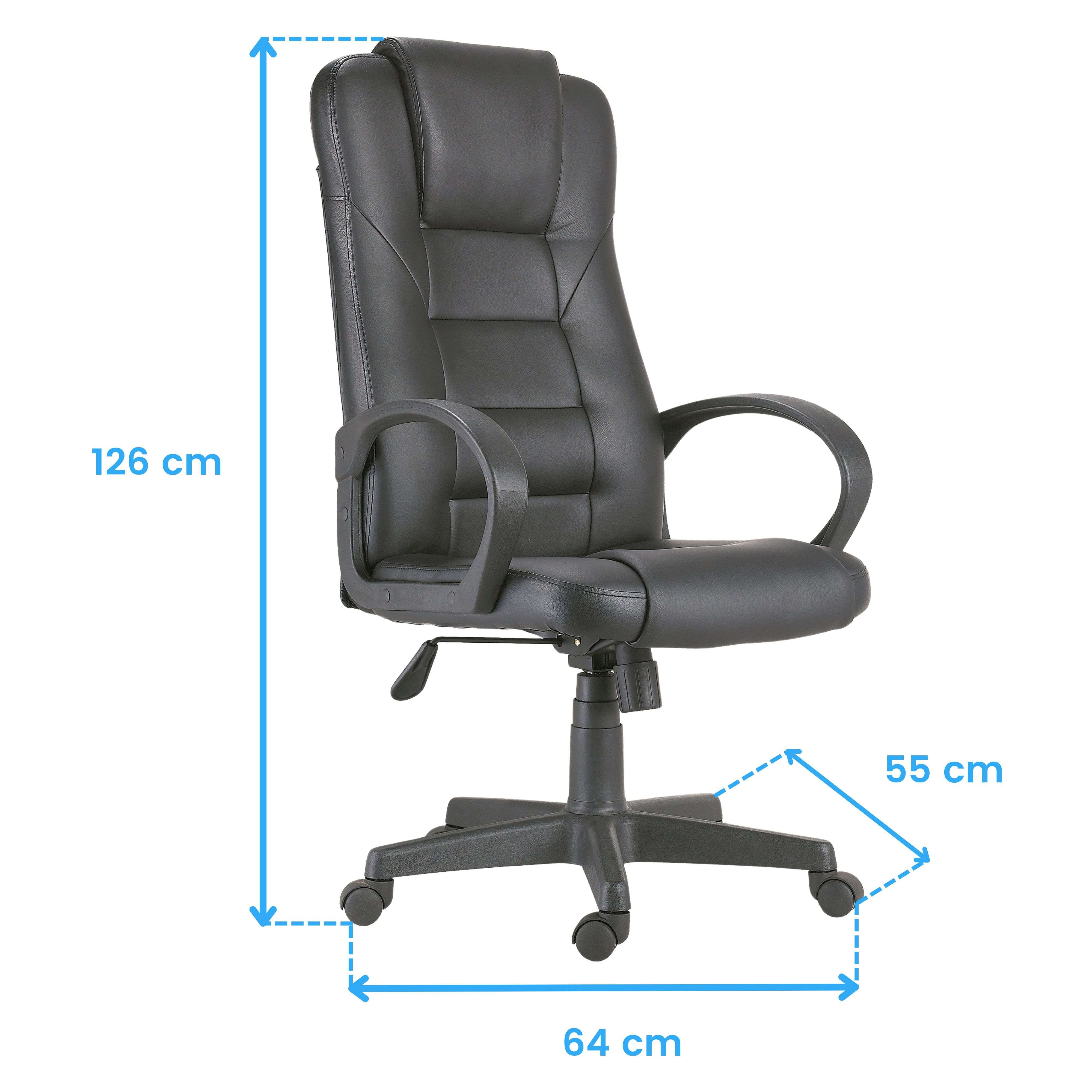 Silla de oficina negra con ruedas, dimensiones 126x64x55 cm.