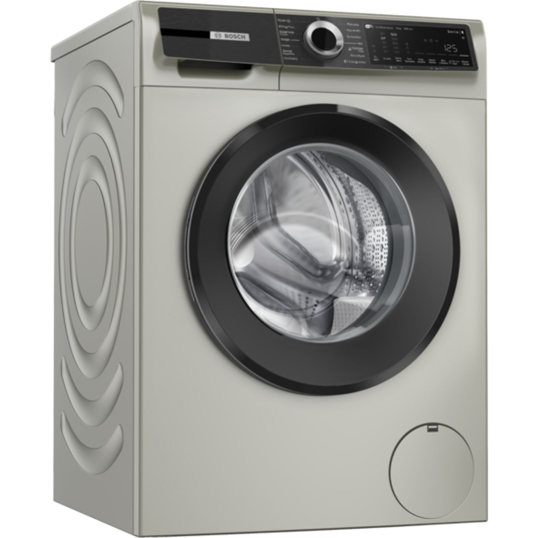 Siyah kapılı ve kontrol panelli gri Bosch çamaşır makinesi.