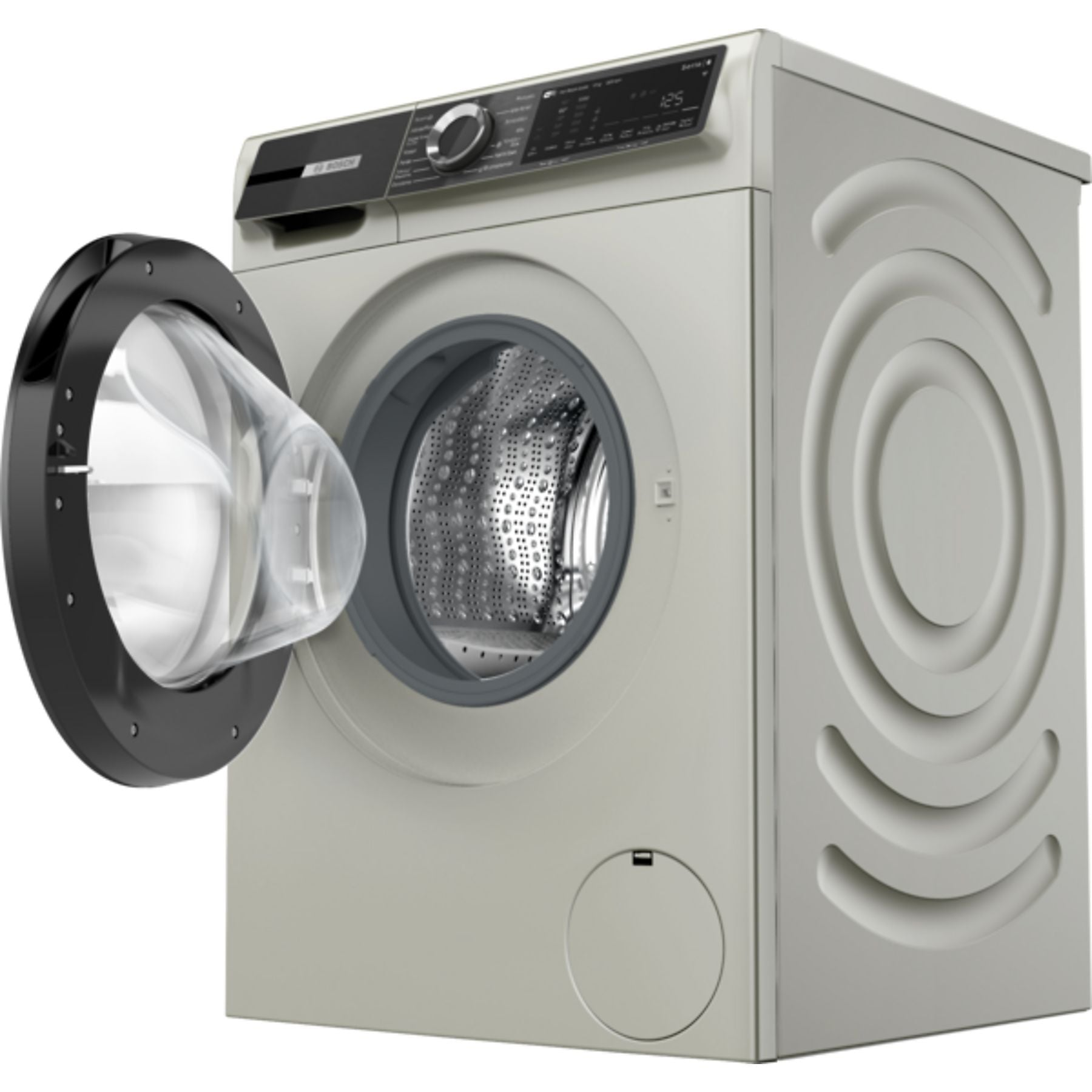 Gümüş tamburu ortaya çıkaran, şeffaf kapağı açık beyaz bir Bosch çamaşır makinesi.
