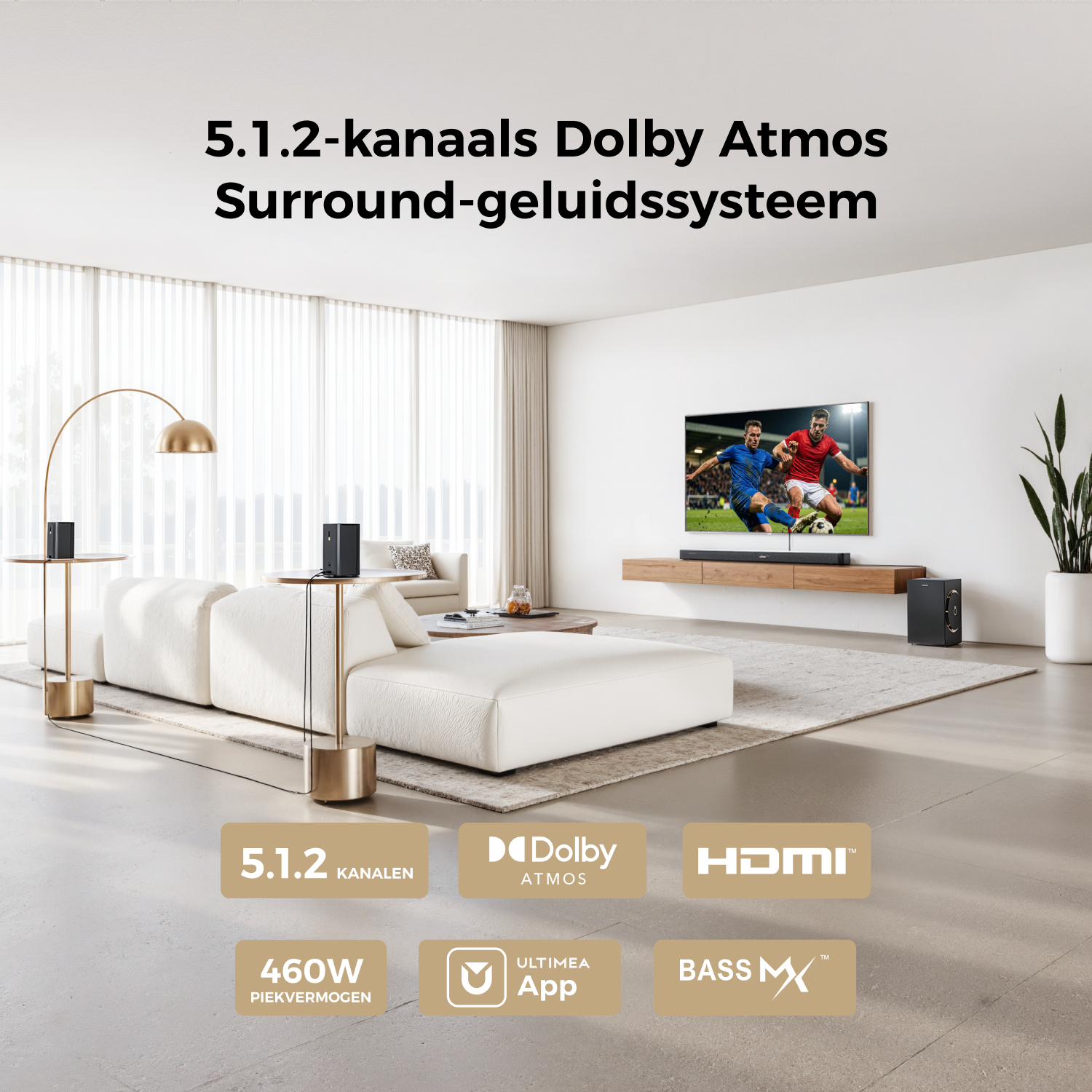Salon moderne avec système surround Dolby Atmos, TV et canapé.