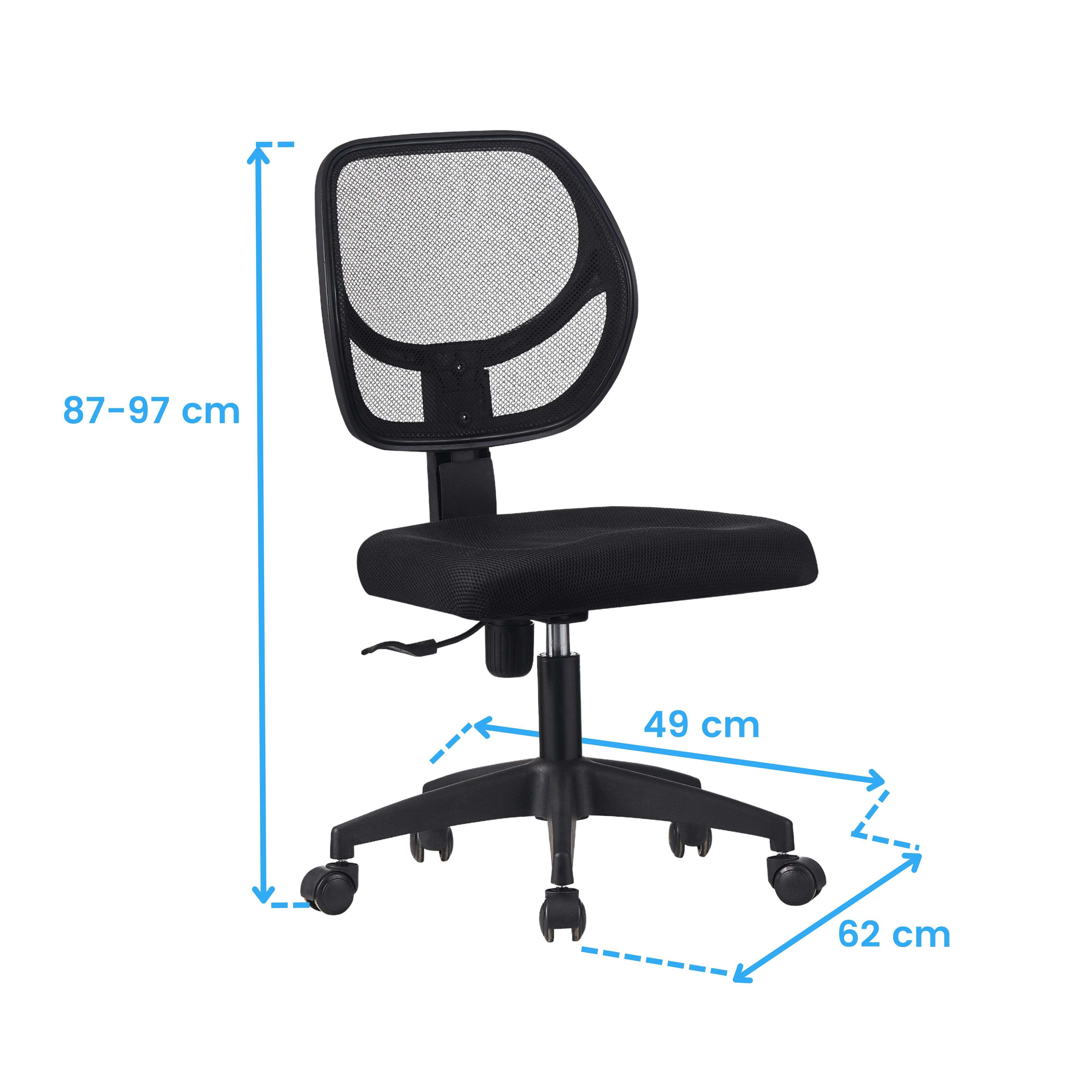 Una silla de oficina negra con respaldo de malla, altura ajustable 87-97 cm.
