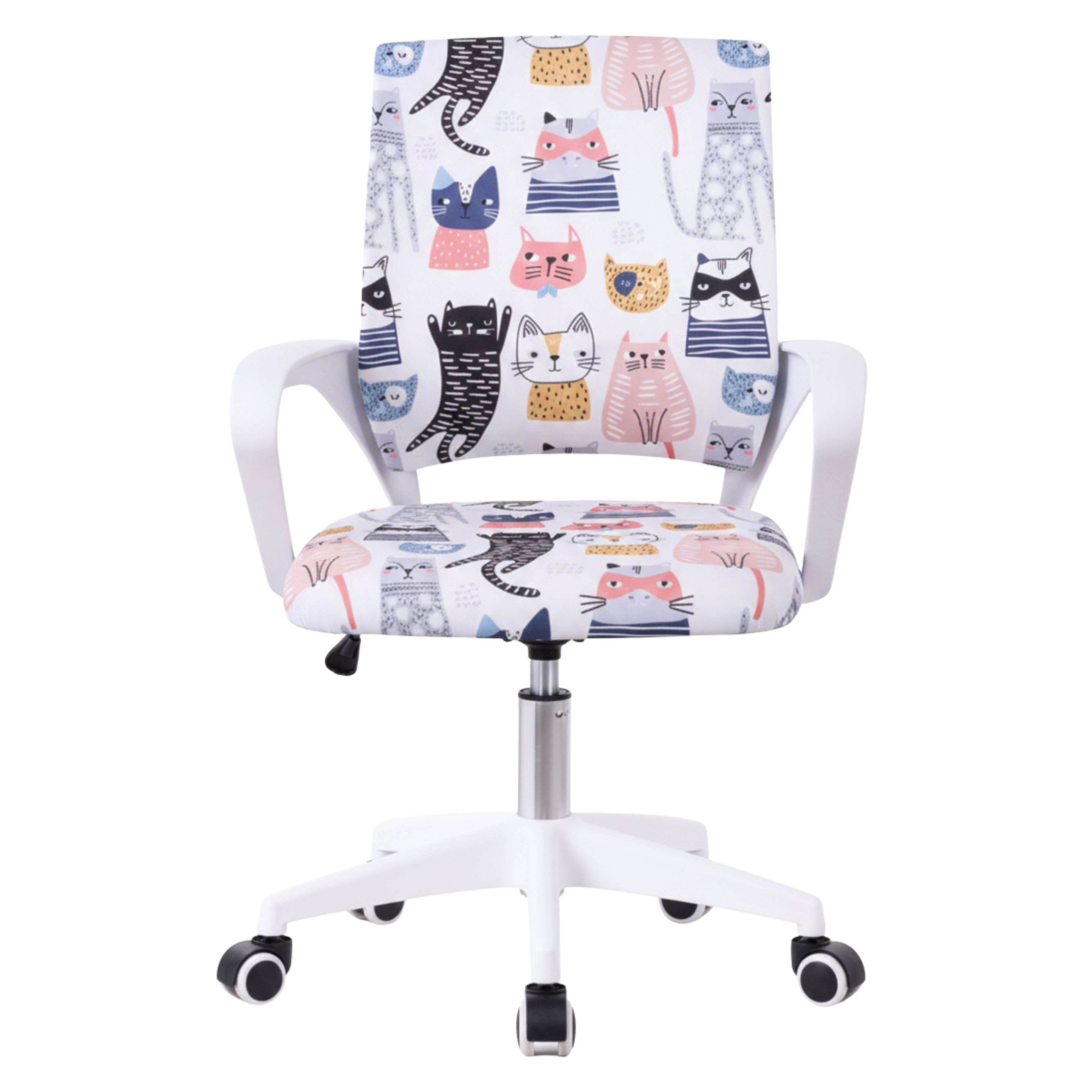 Una silla de oficina blanca con ruedas, impresa con varios diseños de gatos.