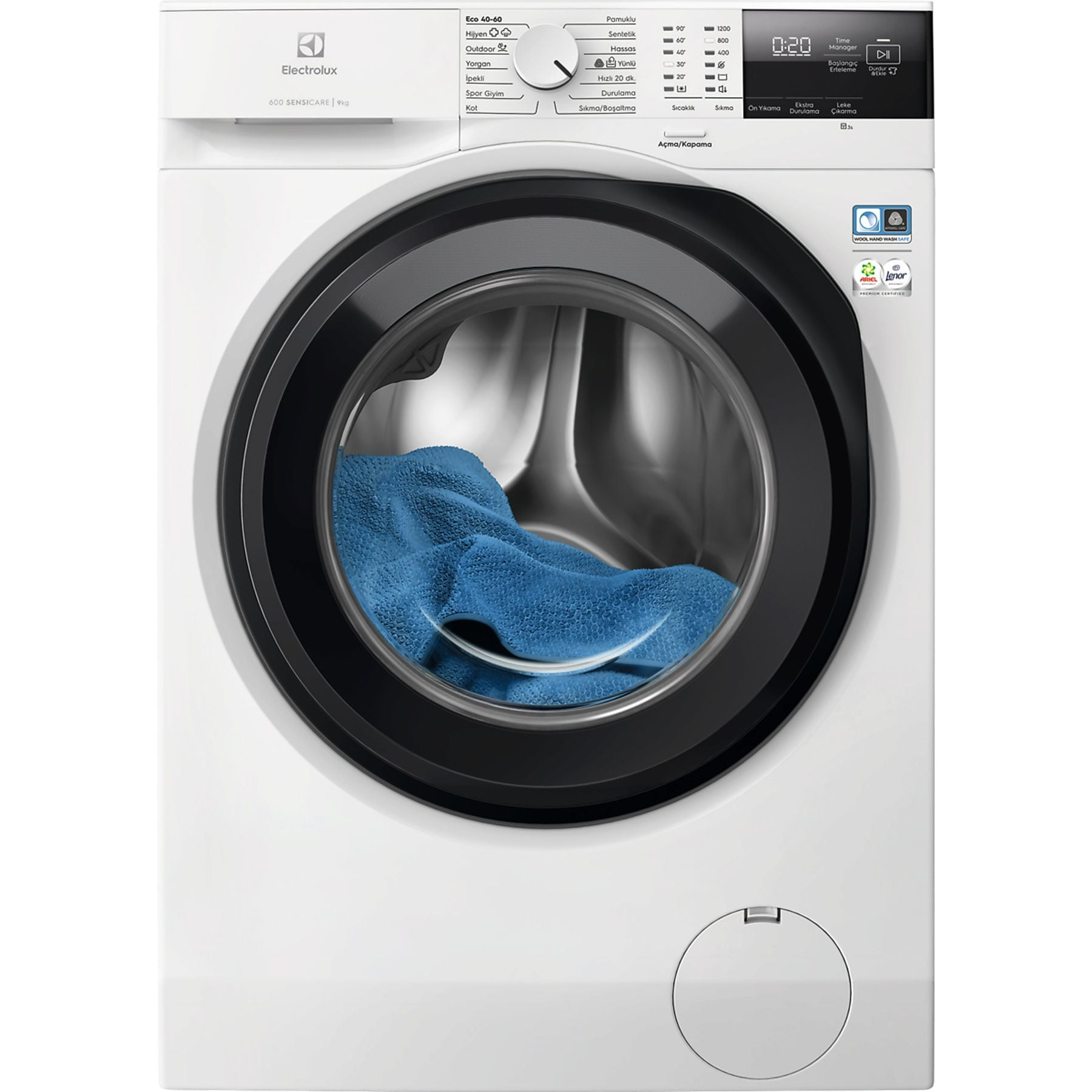 Tamburunda mavi havlu bulunan beyaz bir Electrolux çamaşır makinesi.