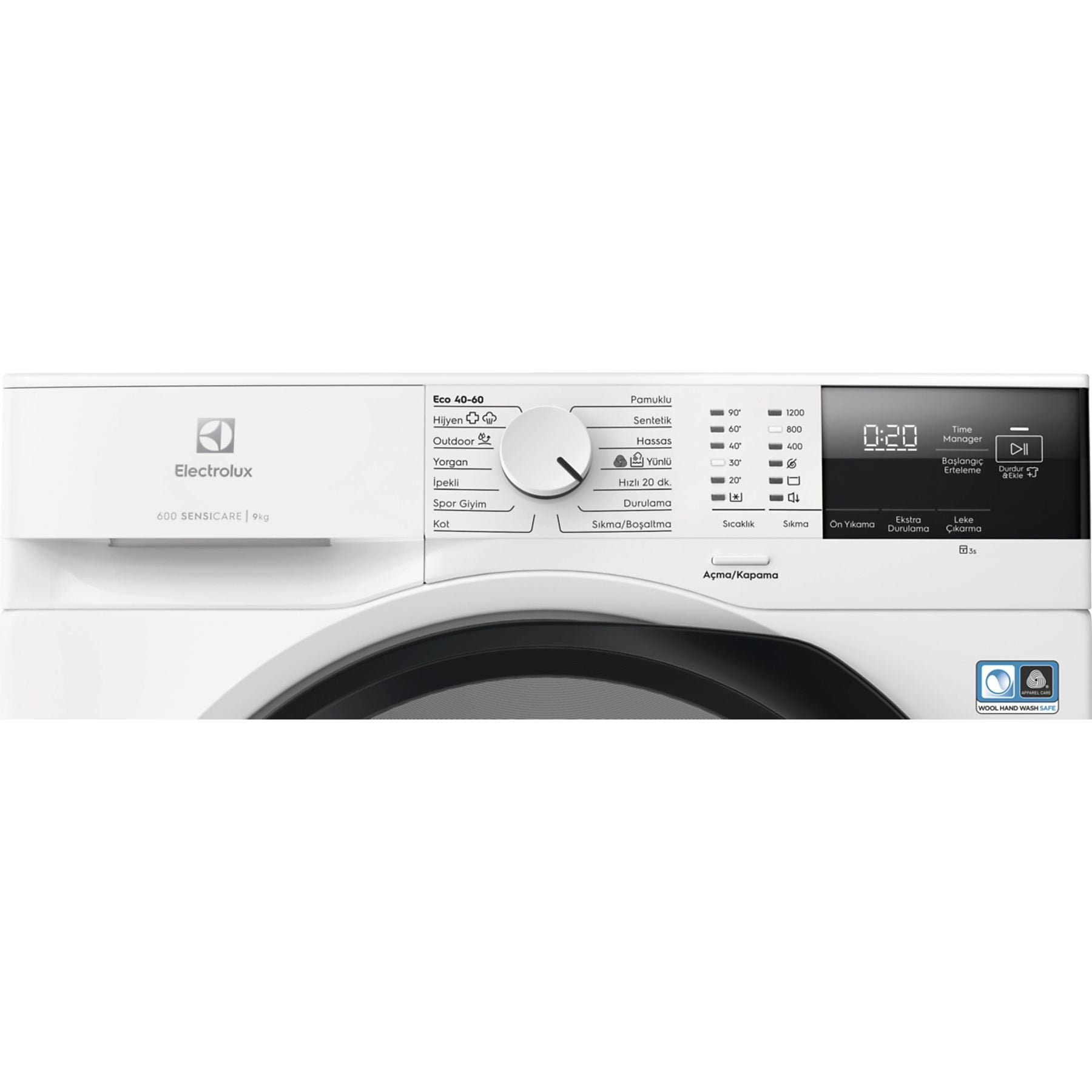 Dijital ekranlı ve program seçmeli beyaz Electrolux çamaşır makinesi.