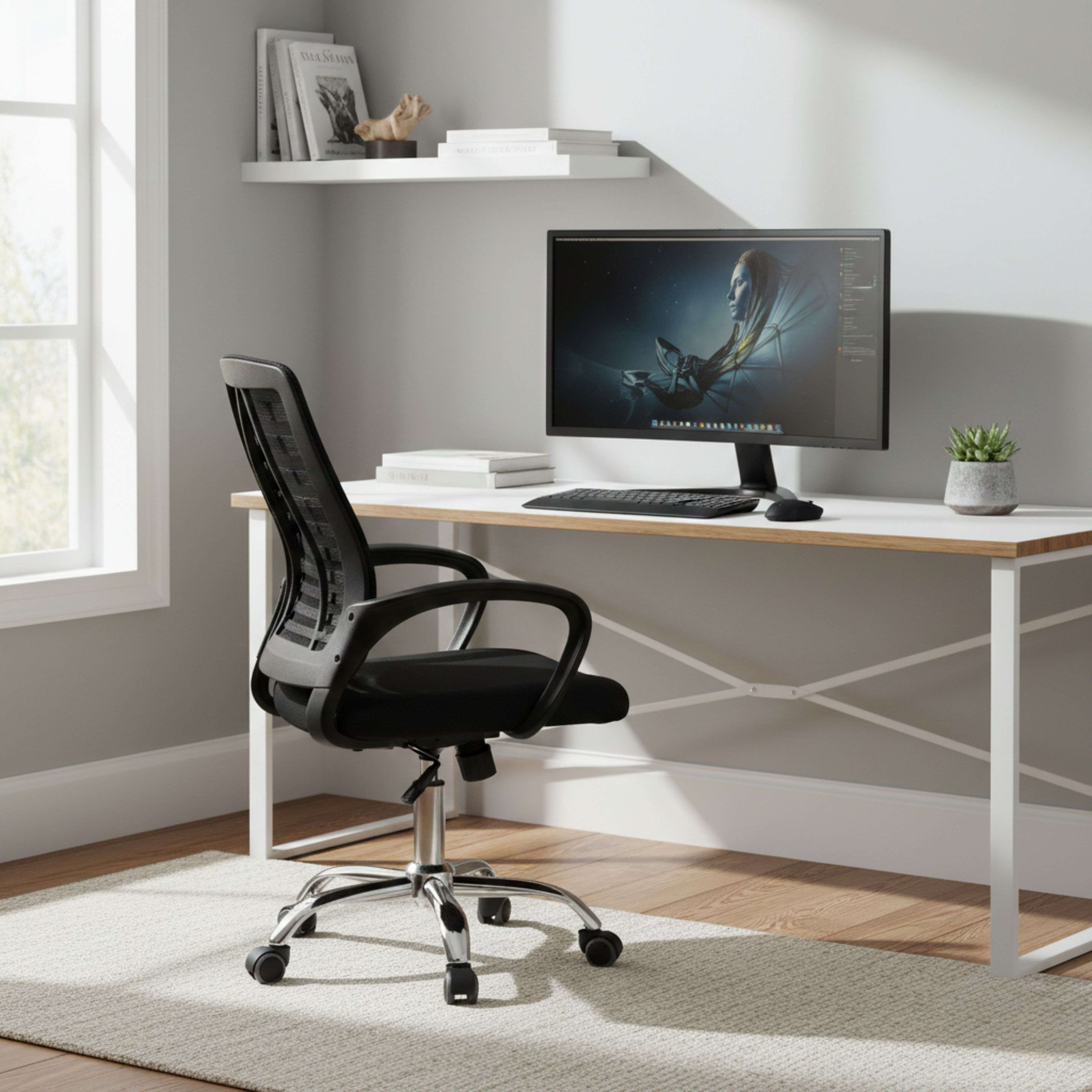 Una silla de oficina negra está frente a un escritorio con un monitor y libros.