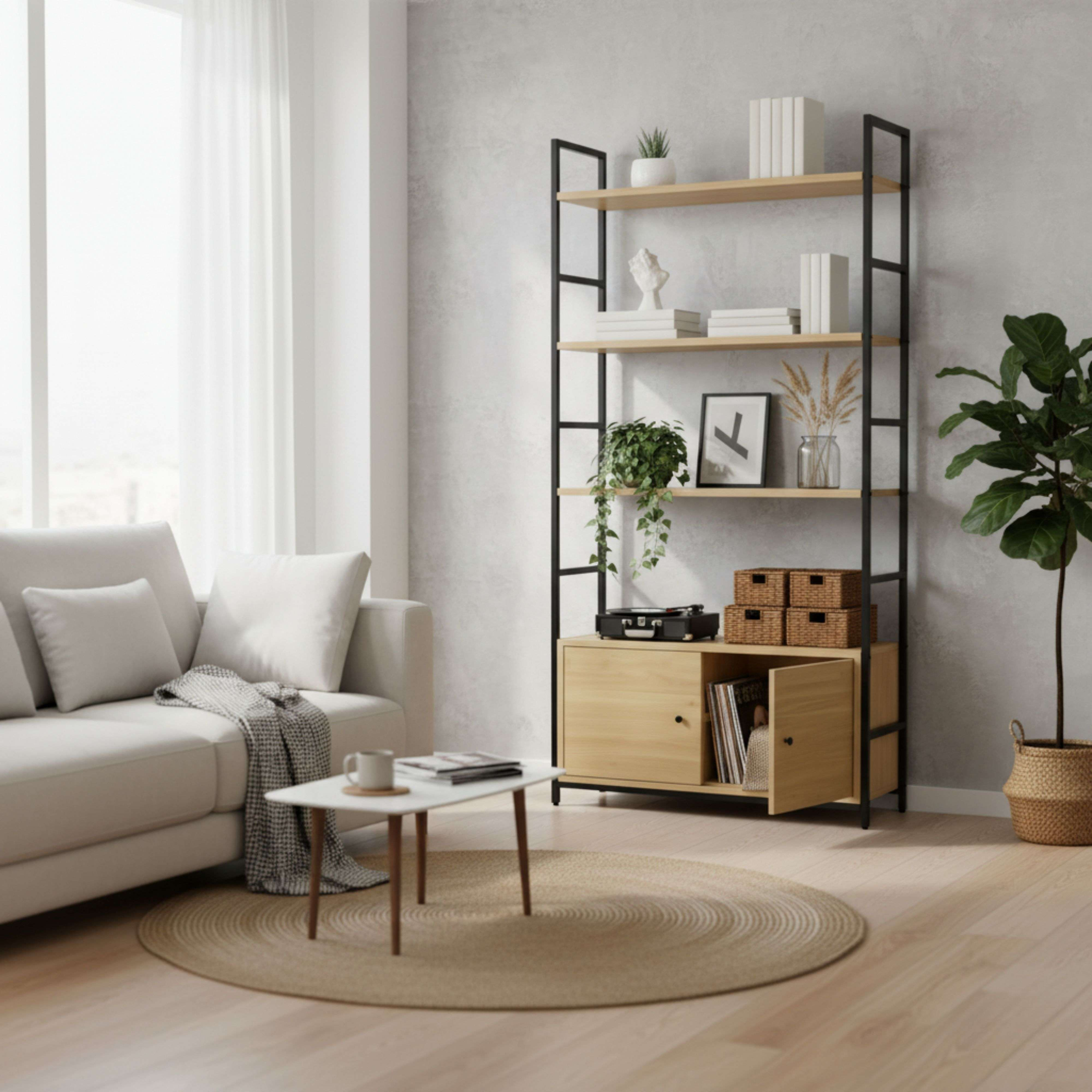 Una sala de estar luminosa con sofá, mesa de centro, estantería y planta.
