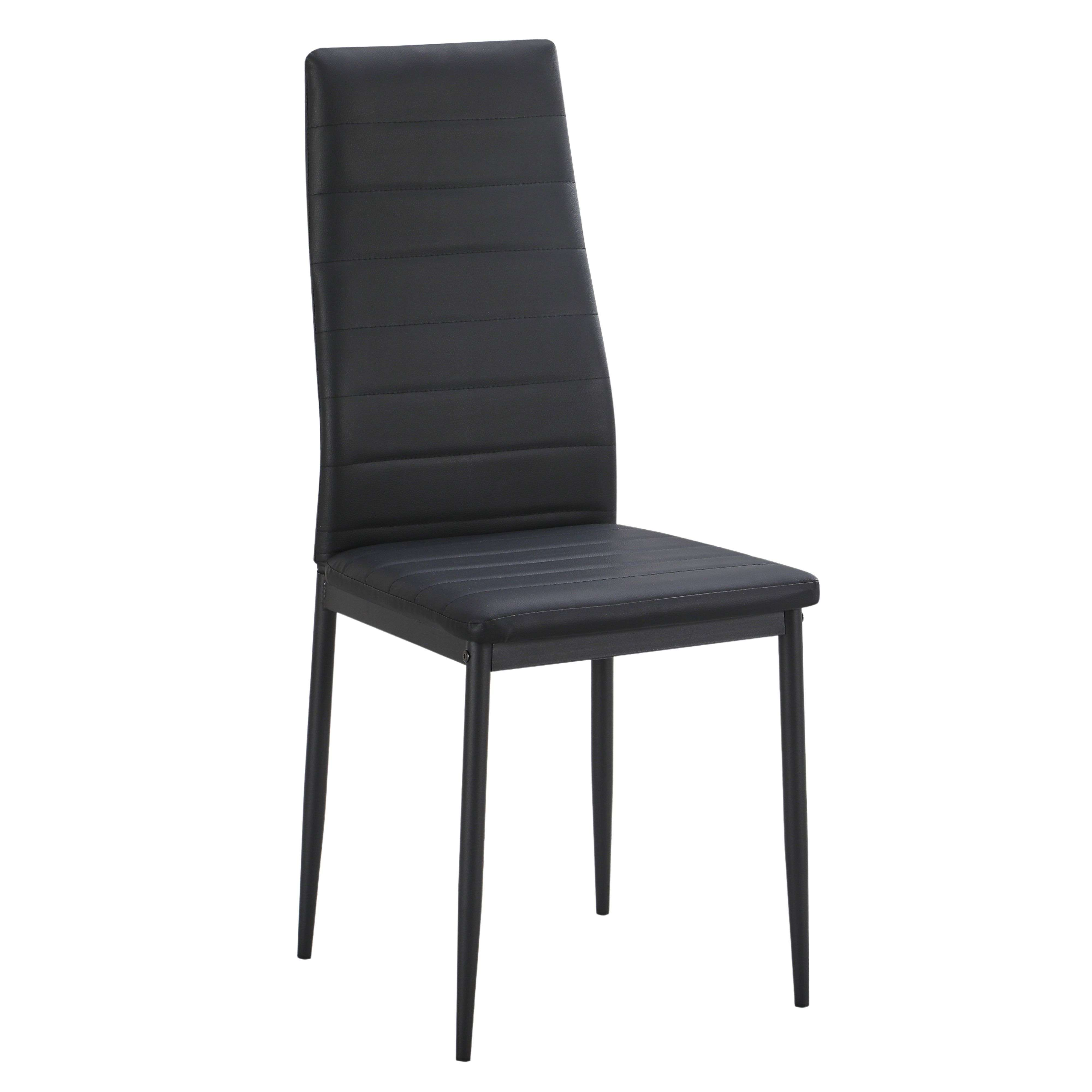 Silla de comedor negra de cuero sintético con patas delgadas sobre fondo blanco.